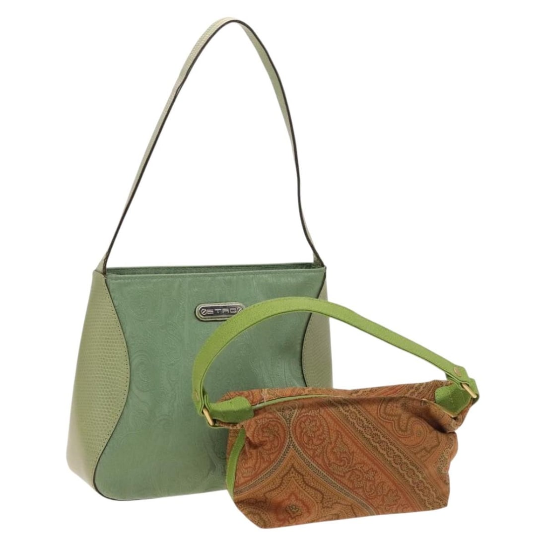 ETRO Green Brown Paisley Shoulder Bag PVC Leather Set of 2 Auth BA3734: ETRO Green Brown Paisley Shoulder Bag PVC Leather Set of 2 Auth BA3734 This ETRO Shoulder Bag showcases a stylish paisley design in a rich green and brown color palette, crafted from durable PVC leath