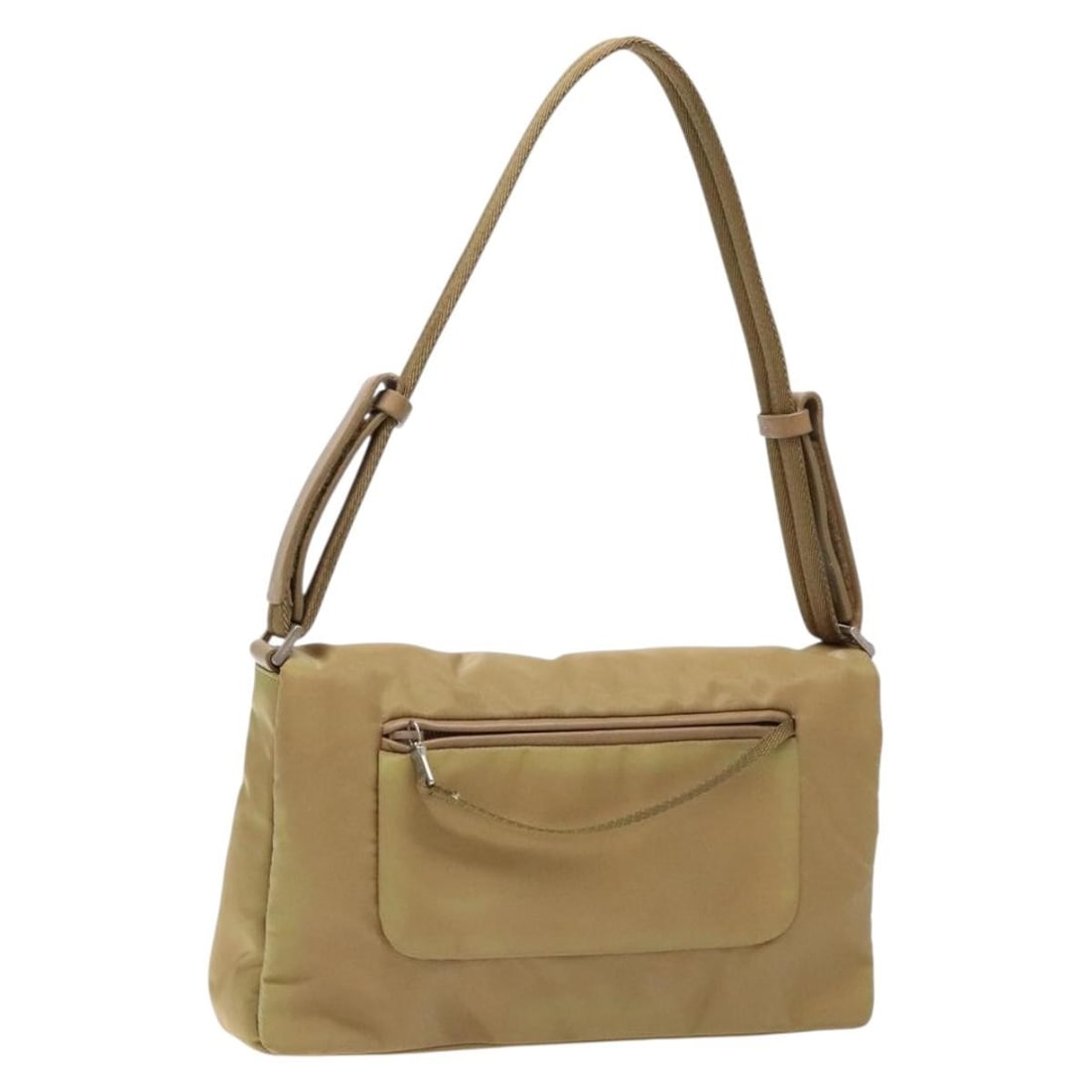 Prada beige nylon shoulder bag with guarantee card: Prada beige nylon shoulder bag with guarantee card This PRADA shoulder bag is crafted from beige and silver nylon, offering a stylish and practical accessory for everyday use. Made in Italy, it featur