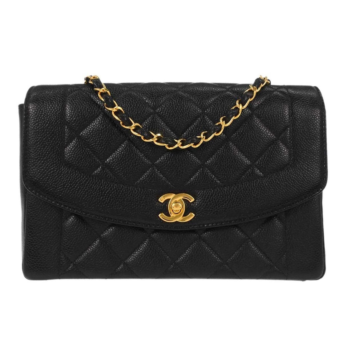 CHANEL Diana Medium Black Caviar Skin Crossbody Bag: CHANEL Diana Medium Black Caviar Skin Crossbody Bag This Chanel Diana chain shoulder bag is crafted from black caviar skin calf leather and features a medium size with a classic turn lock closure. Des