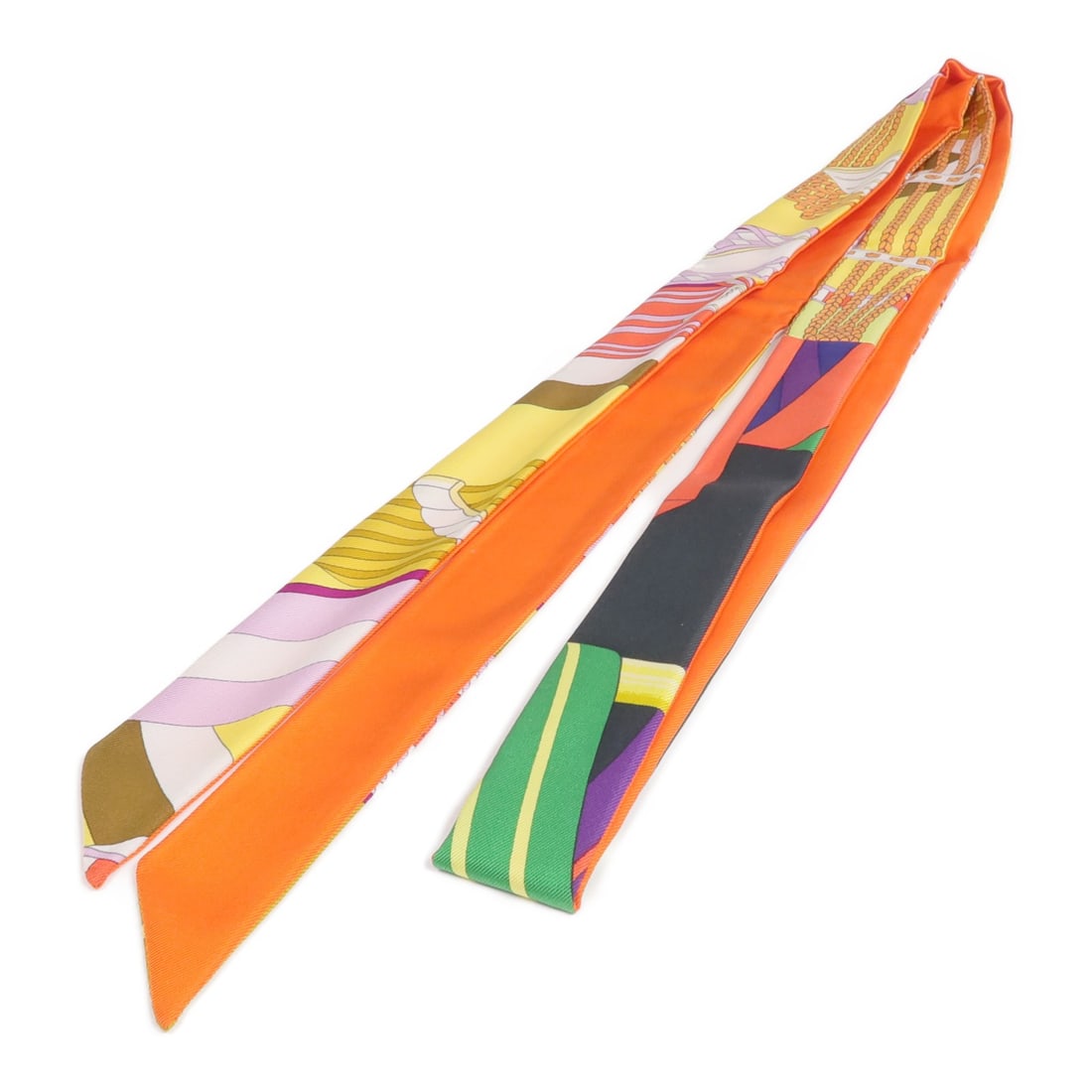 Hermes Silk Twillon Orange Multicolor Women's Scarf: Hermes Silk Twillon Orange Multicolor Women's Scarf This Hermes Twillon scarf is crafted from luxurious silk in a vibrant orange and multicolor design. Made in France, it offers a pristine, un-used co