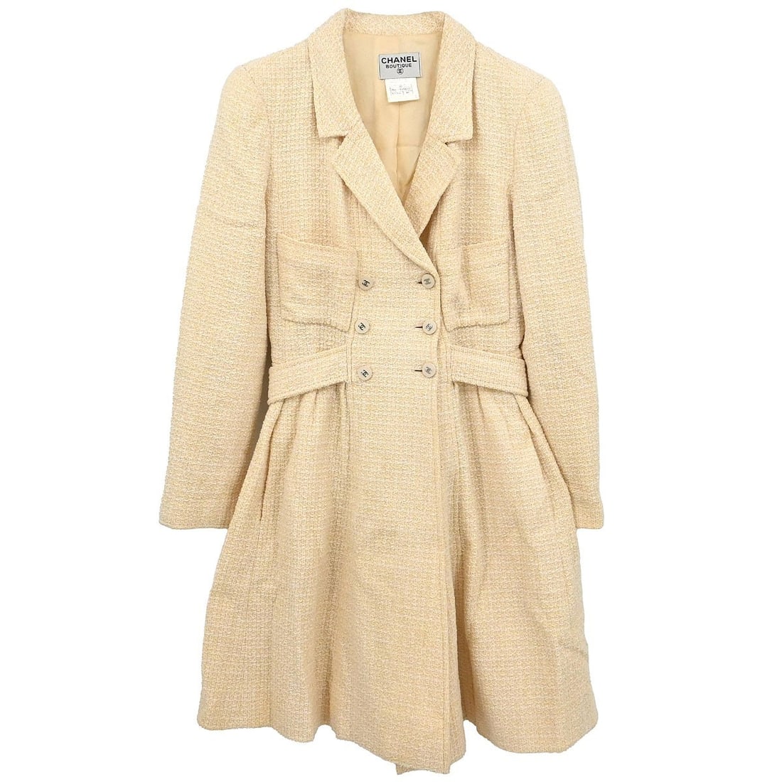 Beige Long Overcoat by Chanel 96P Size 40 Vintage Cotton Wool Blend: Beige Long Overcoat by Chanel 96P Size 40 Vintage Cotton Wool Blend This vintage Chanel long overcoat features a collared design and button closure, crafted from a blend of cotton, wool, and nylon. Th