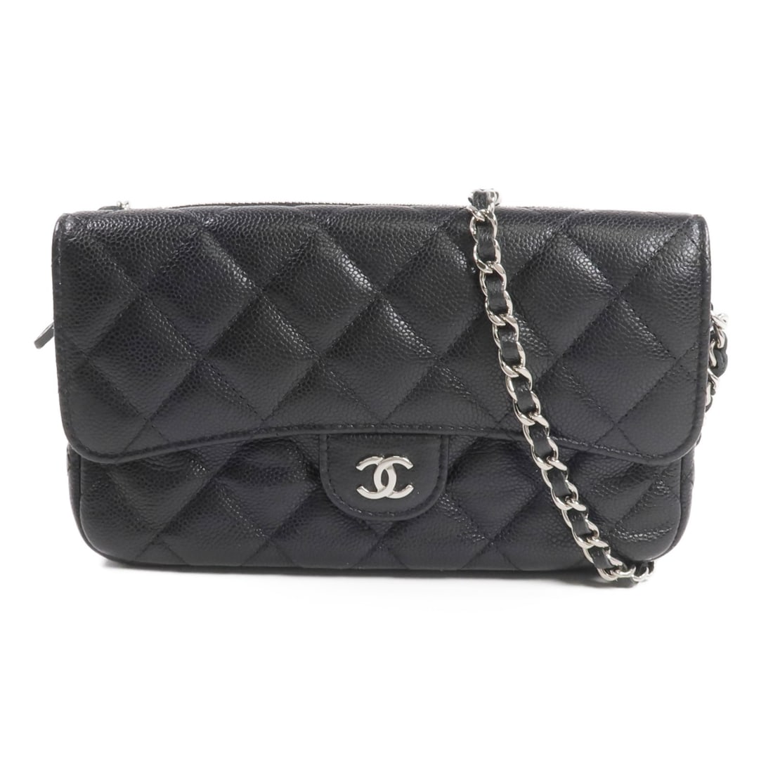 Chanel Wallet On Chain Black Calfskin Leather Shoulder Bag with Silver Hardware: Chanel Wallet On Chain Black Calfskin Leather Shoulder Bag with Silver Hardware This CHANEL Wallet On Chain (WOC) shoulder bag is crafted from luxurious black calfskin leather. Designed for women, it 
