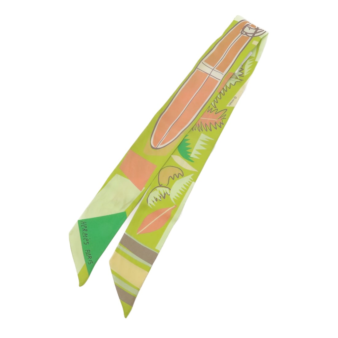Hermes Green Silk Twilly Scarf: Hermes Green Silk Twilly Scarf This Hermes Twilly scarf is crafted from silk and features a vibrant green color. Designed for women, it is a regular size and made in France. The scarf is classified as