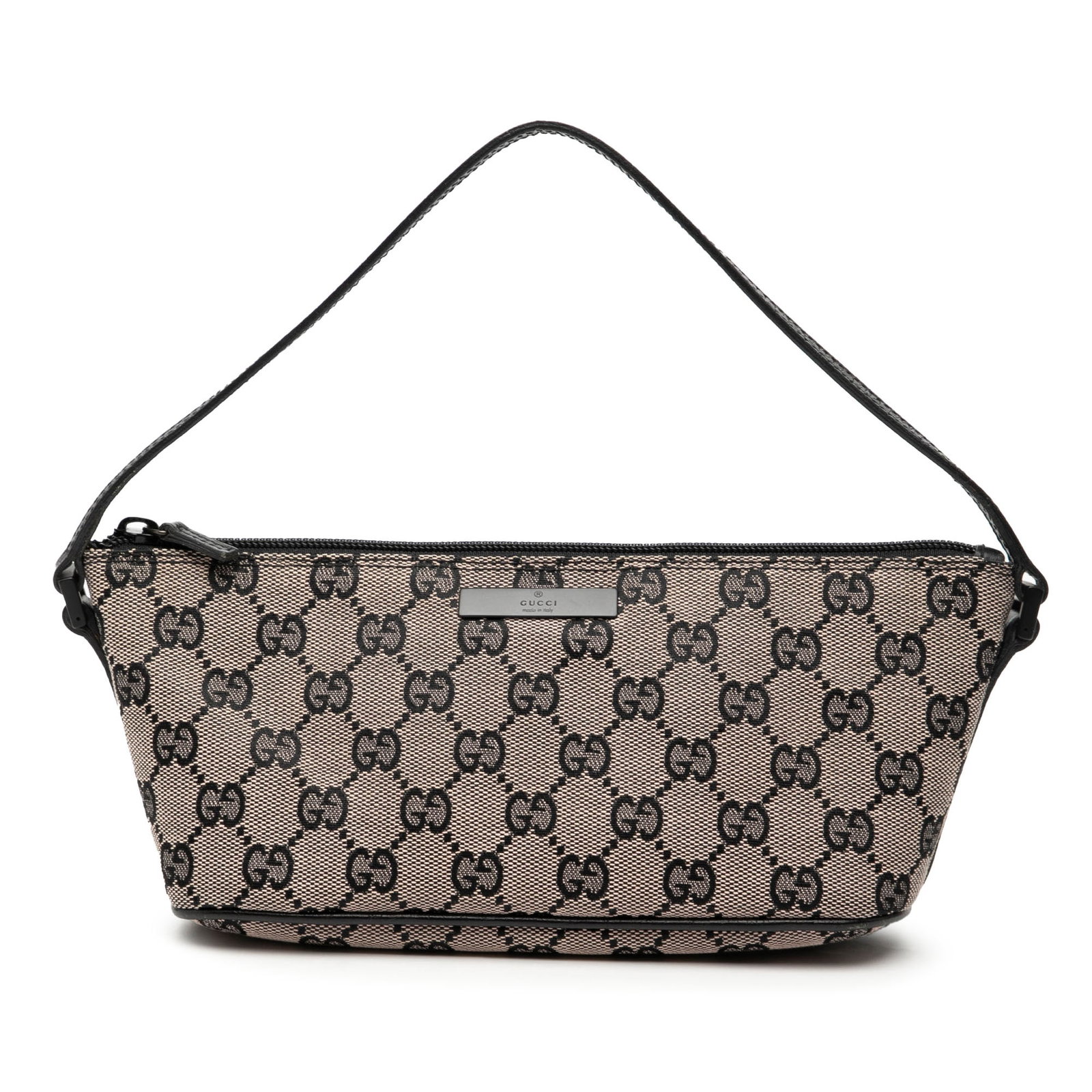 Gucci GG Canvas Boat Shoulder Bag with Leather Trim Beige: Gucci GG Canvas Boat Shoulder Bag with Leather Trim Beige This Gucci GG Canvas Boat shoulder bag features a beige canvas body with leather trim, a flat leather strap, and a top zip closure. The bag sh