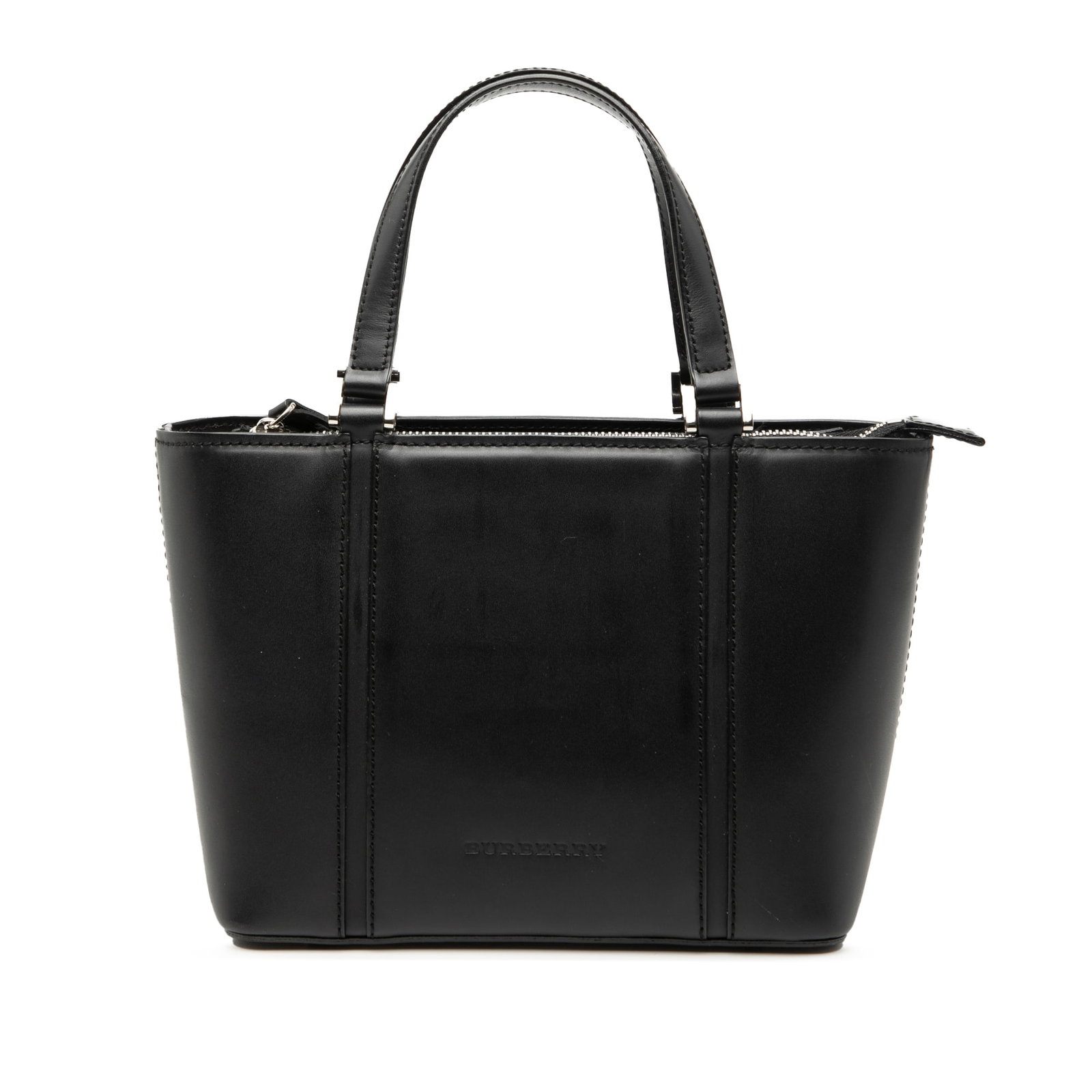 Black Leather Tote Bag by Burberry with Top Zip Closure: Black Leather Tote Bag by Burberry with Top Zip Closure This Burberry handbag showcases a black leather body with flat leather handles and a top zip closure. The interior is designed with both zip and