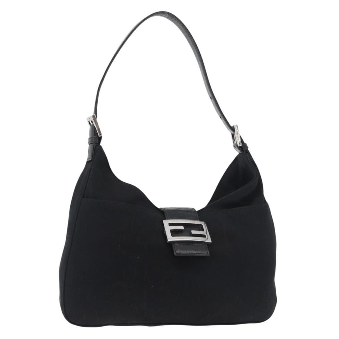 Fendi Mamma Baguette Nylon Black Silver Shoulder Bag: Fendi Mamma Baguette Nylon Black Silver Shoulder Bag This FENDI Mamma Baguette shoulder bag is crafted from black nylon with silver-tone accents. Designed for women, it features a classic shoulder sil