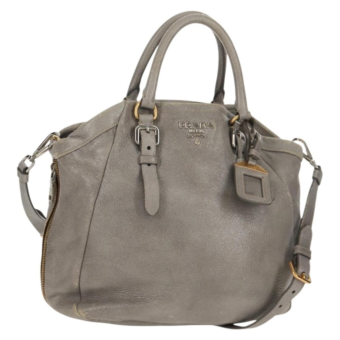 PRADA Gray Silver Leather Tote Bag 2way with Dust Bag: PRADA Gray Silver Leather Tote Bag 2way with Dust Bag Introducing the PRADA Tote Bag, an elegant blend of style and practicality. Crafted in Italy, this versatile tote is made from high-quality leathe