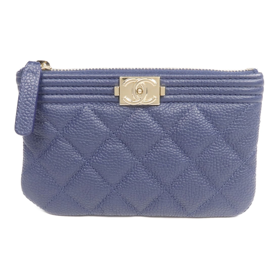 Chanel Boy Blue Calfskin Leather Pouch with Gold Tone CC Hardware: Chanel Boy Blue Calfskin Leather Pouch with Gold Tone CC Hardware This CHANEL Boy pouch is crafted from blue calfskin leather and features the iconic CC detail with gold-tone hardware. Made in France,