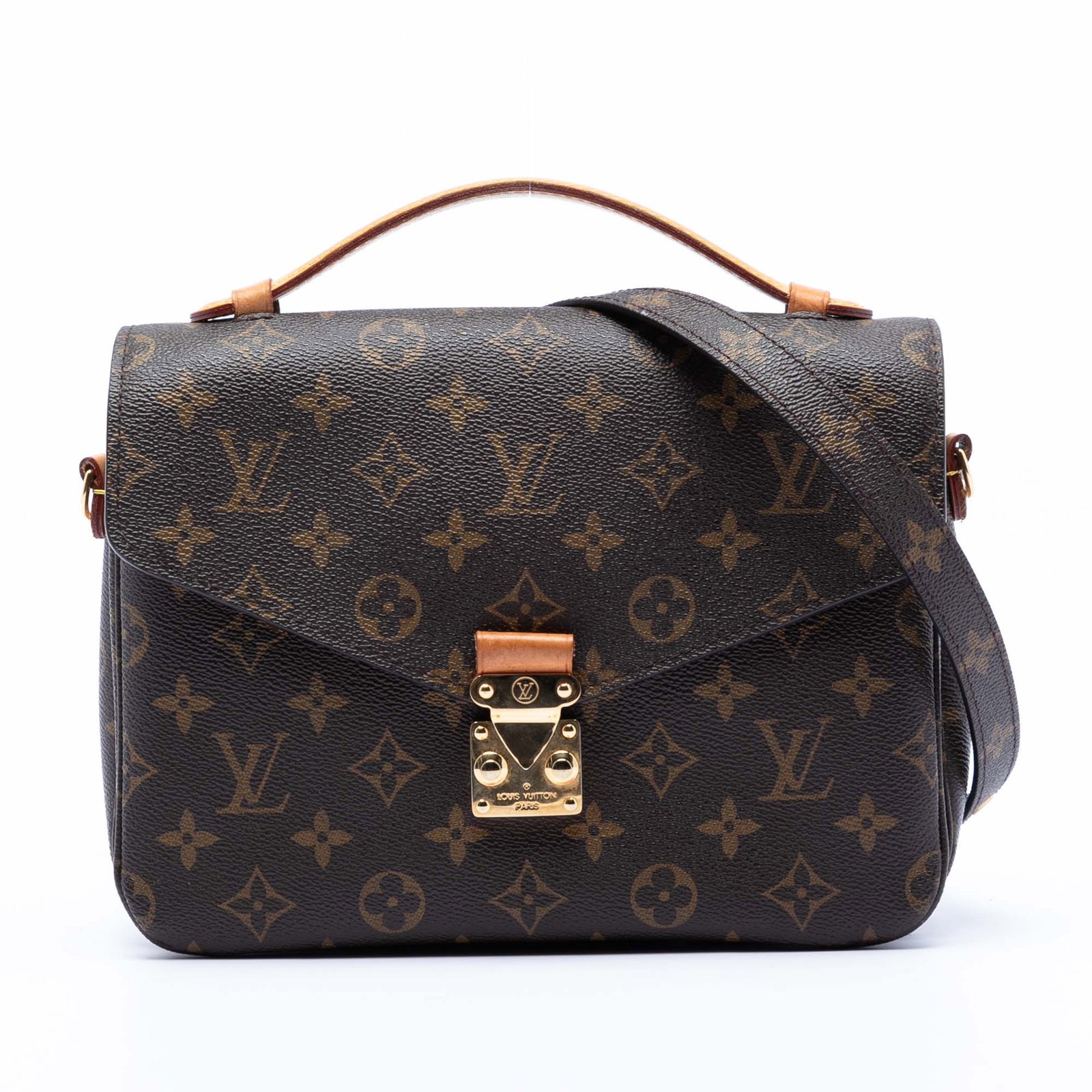 Louis Vuitton Pochette Metis Brown Monogram Canvas Shoulder Bag: Louis Vuitton Pochette Metis Brown Monogram Canvas Shoulder Bag This Louis Vuitton Pochette Metis showcases the iconic monogram canvas design, complemented by a flat vachetta leather top handle and a 
