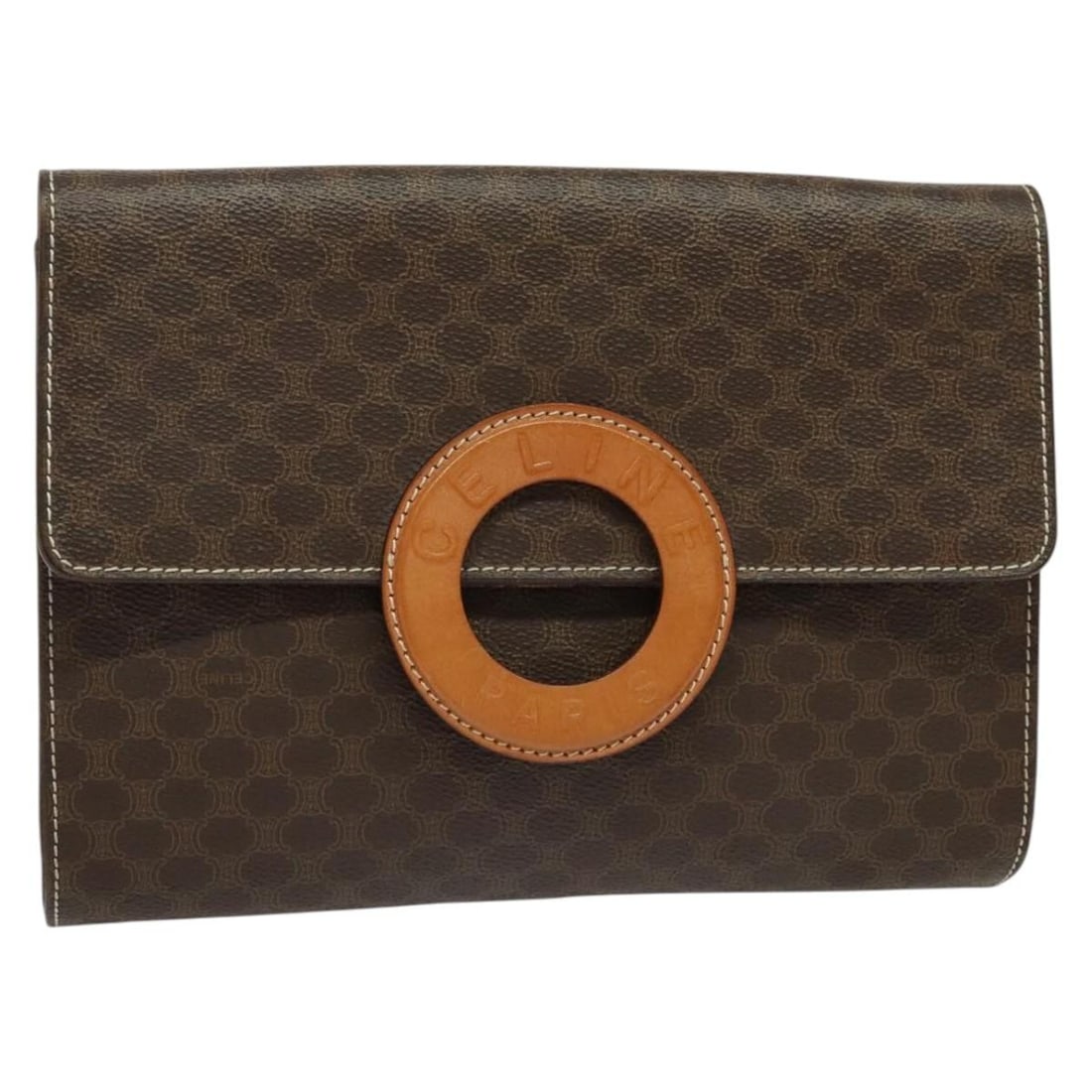 CELINE Macadam Canvas Logo Clutch Bag Brown Gold PVC Leather Made in Italy: CELINE Macadam Canvas Logo Clutch Bag Brown Gold PVC Leather Made in Italy This Celine Macadam Canvas Circle Logo Clutch Bag is a stylish accessory crafted from durable PVC leather, featuring a chic c