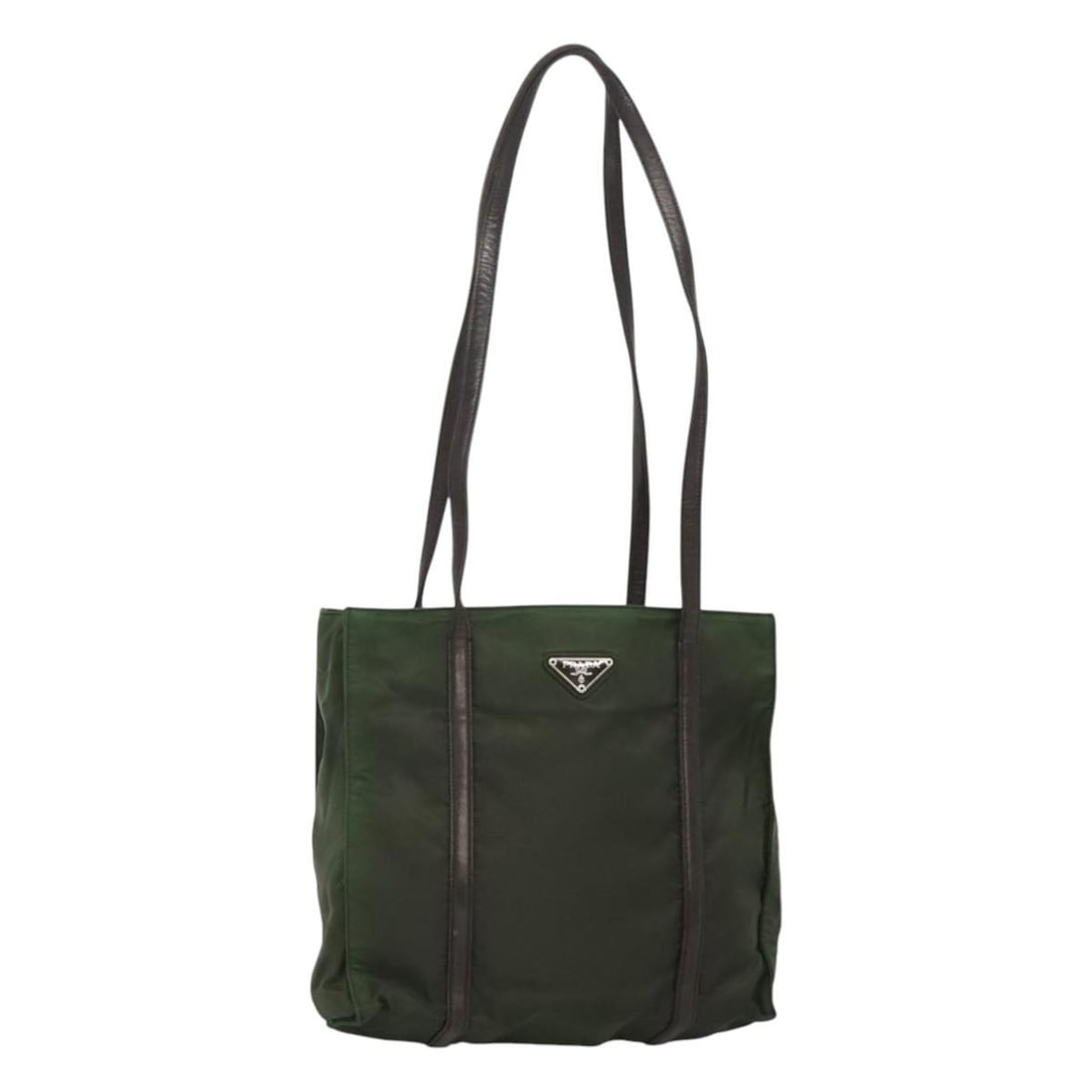 Prada Khaki Nylon Shoulder Bag with Silver Trim for Women: Prada Khaki Nylon Shoulder Bag with Silver Trim for Women This PRADA shoulder bag is crafted from durable nylon in a khaki and silver color combination. Designed for women, it features a practical siz