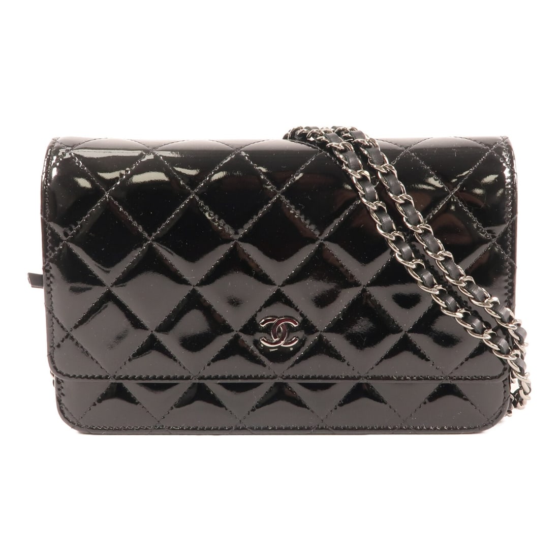 Chanel Patent Leather WOC Black Shoulder Bag A33814 with Silver Hardware: Chanel Patent Leather WOC Black Shoulder Bag A33814 with Silver Hardware This Chanel CC Wallet On Chain (WOC) shoulder bag features black patent leather and an elegant design. The bag offers a regular