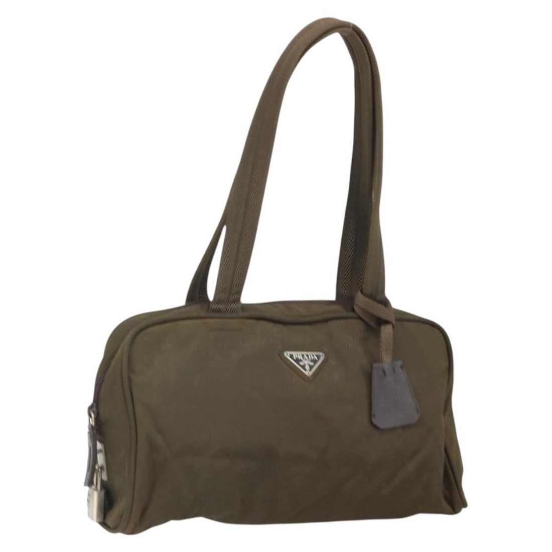 Khaki Silver Nylon Prada Handbag with Padlock Made in Italy BA10374: Khaki Silver Nylon Prada Handbag with Padlock Made in Italy BA10374 This PRADA handbag is crafted from khaki nylon with silver-tone hardware, featuring a rectangular silhouette with a padlock accessor