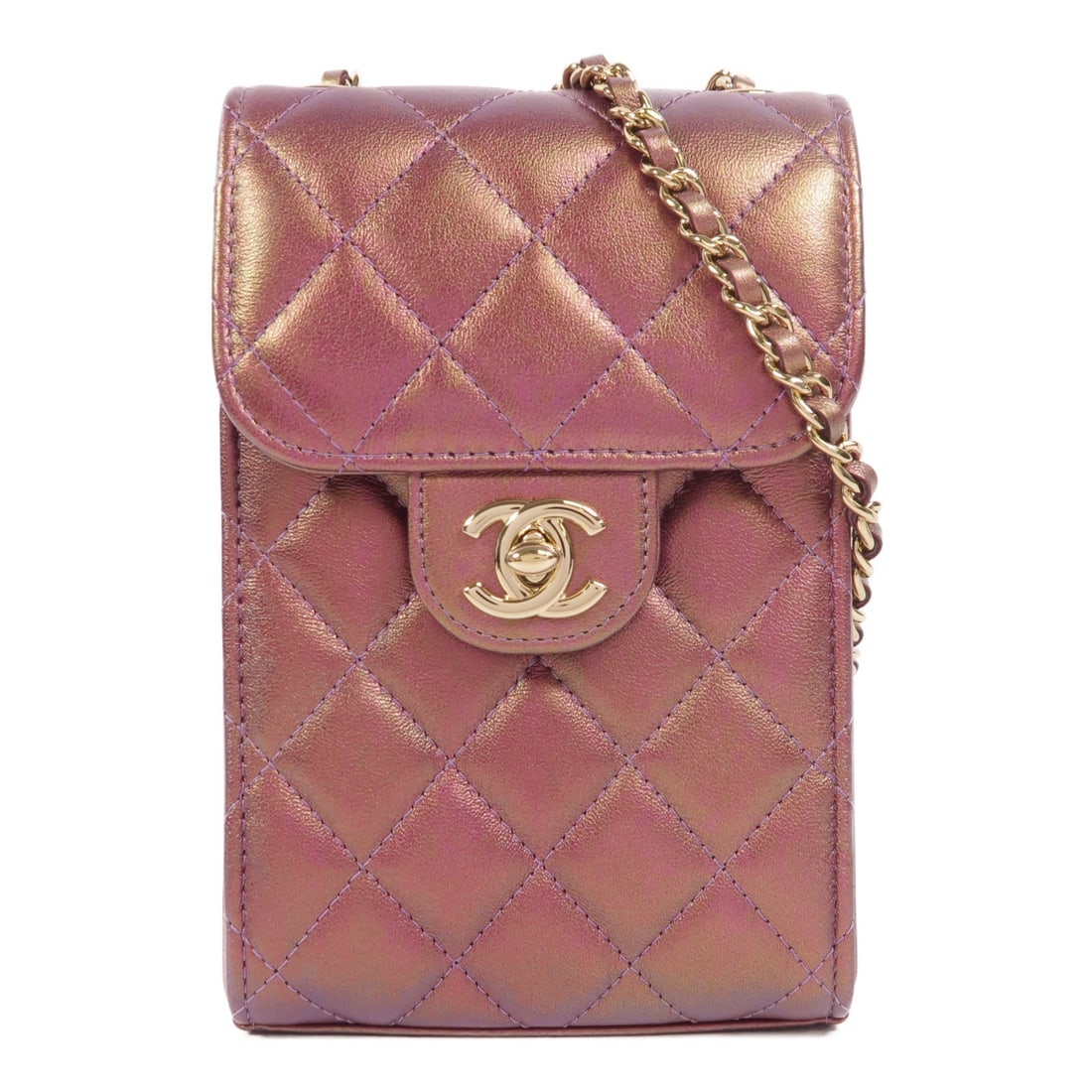 Chanel Purple Lambskin AP0249 CC Chain Shoulder Phone Bag Gold Hardware: Chanel Purple Lambskin AP0249 CC Chain Shoulder Phone Bag Gold Hardware This CHANEL CC chain shoulder phone bag is crafted from luxurious lambskin leather in a striking purple hue. Designed for women,