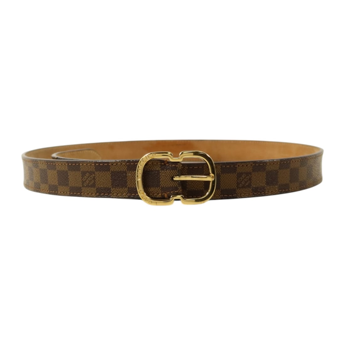 Louis Vuitton Santur Mini Damier Ebene Belt GHW Brown 85: Louis Vuitton Santur Mini Damier Ebene Belt GHW Brown 85 This Louis Vuitton Santur Mini Belt features the iconic Damier Ebene pattern in brown, crafted from durable PVC coated canvas. Designed for uni