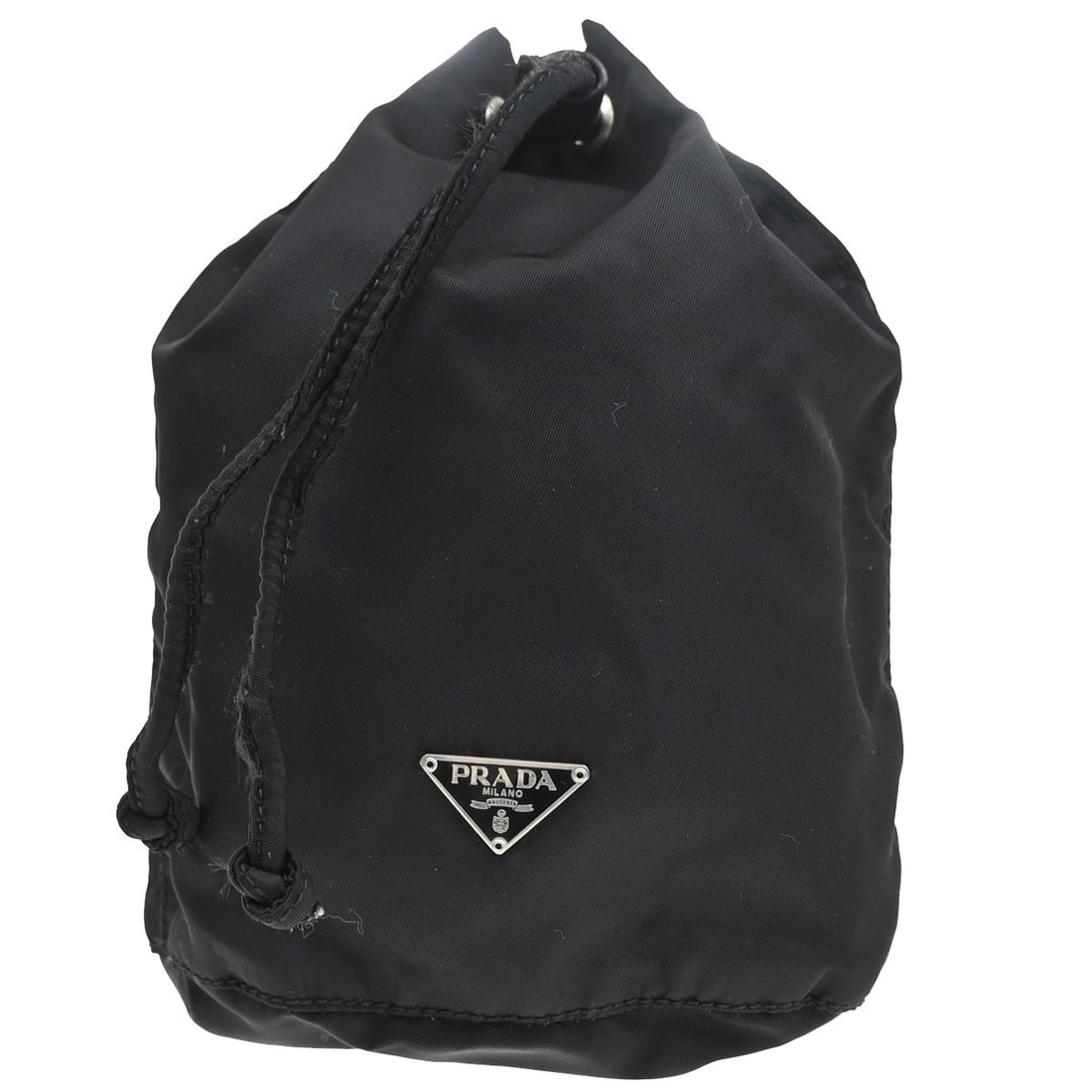 Black Nylon Prada Tessuto Bucket Wristlet Bag with Drawstring: Black Nylon Prada Tessuto Bucket Wristlet Bag with Drawstring This Prada Drawstring Wristlet Bucket Bag is crafted from black nylon and features a practical drawstring closure. Designed for women, the