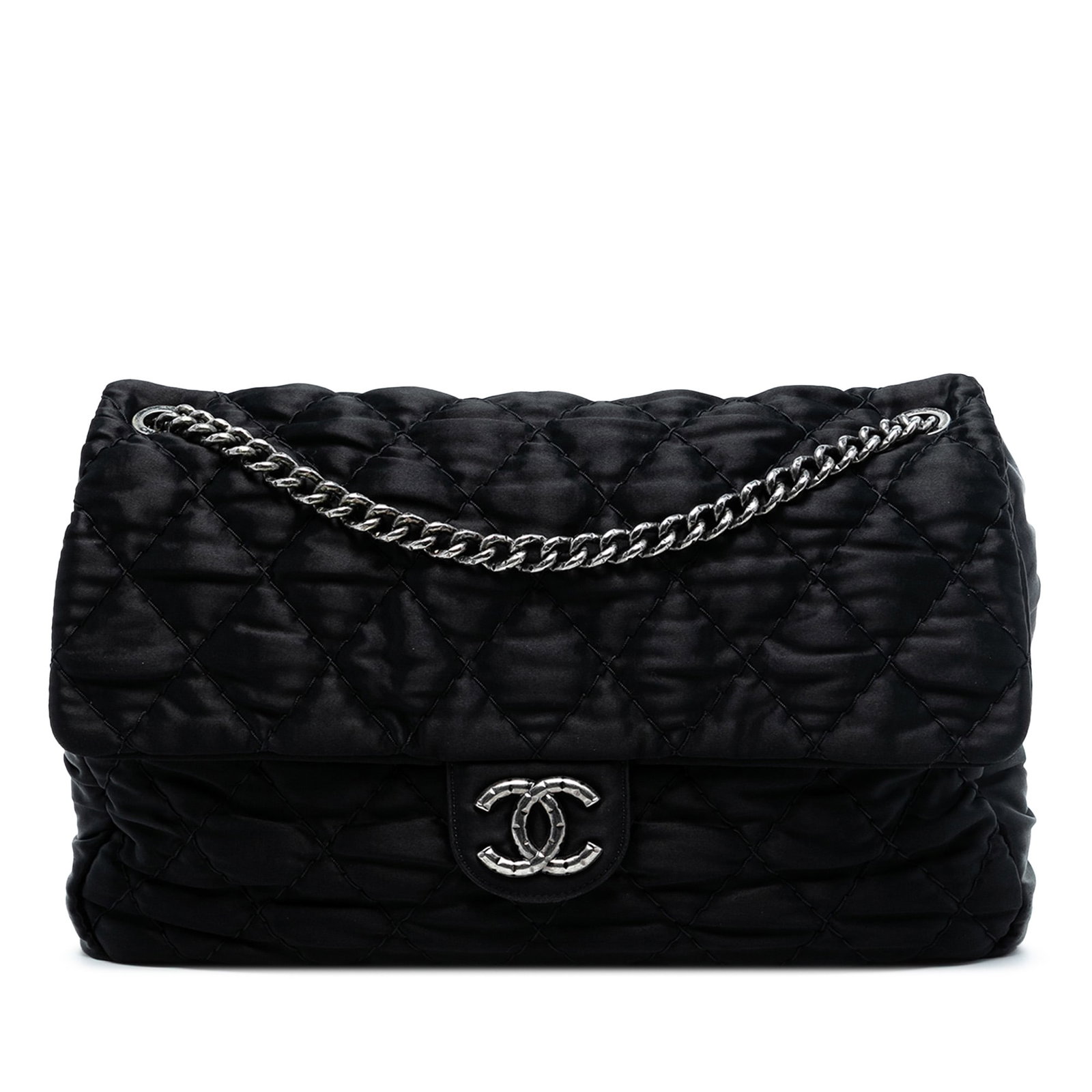 Black Satin Chanel Flap Shoulder Bag with Quilted CC Design: Black Satin Chanel Flap Shoulder Bag with Quilted CC Design This Chanel Extra Large CC Quilted Satin Single Flap shoulder bag features a quilted satin exterior in black, complemented by chain link sho
