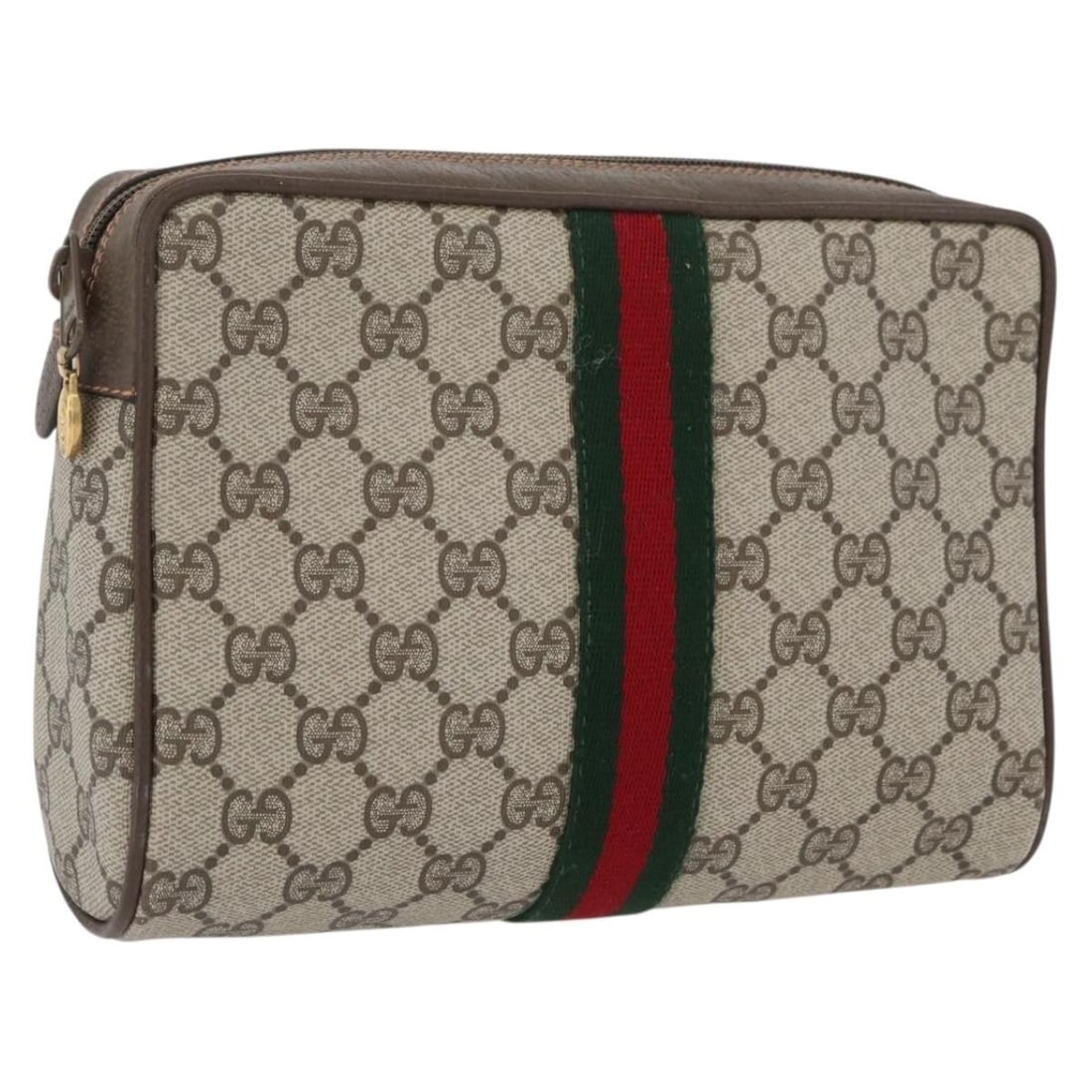 Gucci GG Supreme Sherry Line Beige Gold PVC Clutch Bag 89 01 012: Gucci GG Supreme Sherry Line Beige Gold PVC Clutch Bag 89 01 012 This is a women's Gucci GG Supreme Web Sherry Line clutch bag crafted from beige and gold PVC leather with GG canvas detailing. The bag