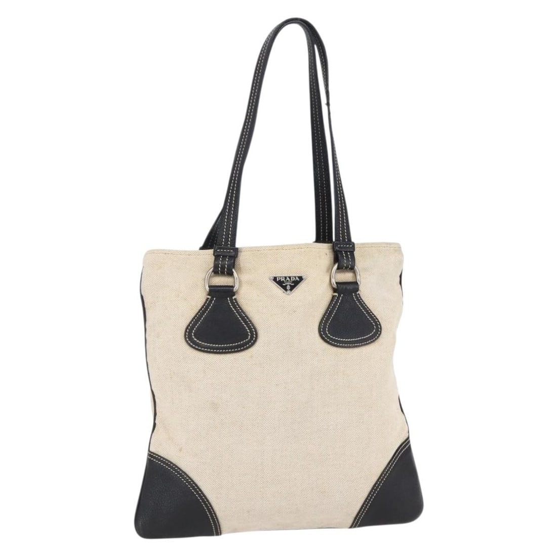PRADA Beige Silver Canvas Hand Bag Auth 147009 Italy: PRADA Beige Silver Canvas Hand Bag Auth 147009 Italy This PRADA hand bag showcases a stylish blend of beige and silver in a durable canvas material. Crafted in Italy, this bag features a spacious inte