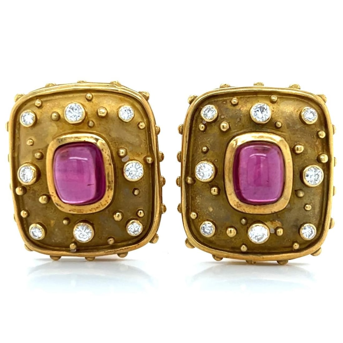 Stunning 18K Yellow Gold JS Rubelite Diamond Earrings: Stunning 18K Yellow Gold JS Rubelite Diamond Earrings These exquisite 18K Yellow Gold Earrings feature stunning Rubelite and Diamond accents. Weighing 37.9 grams, they are adorned with two vibrant Rub