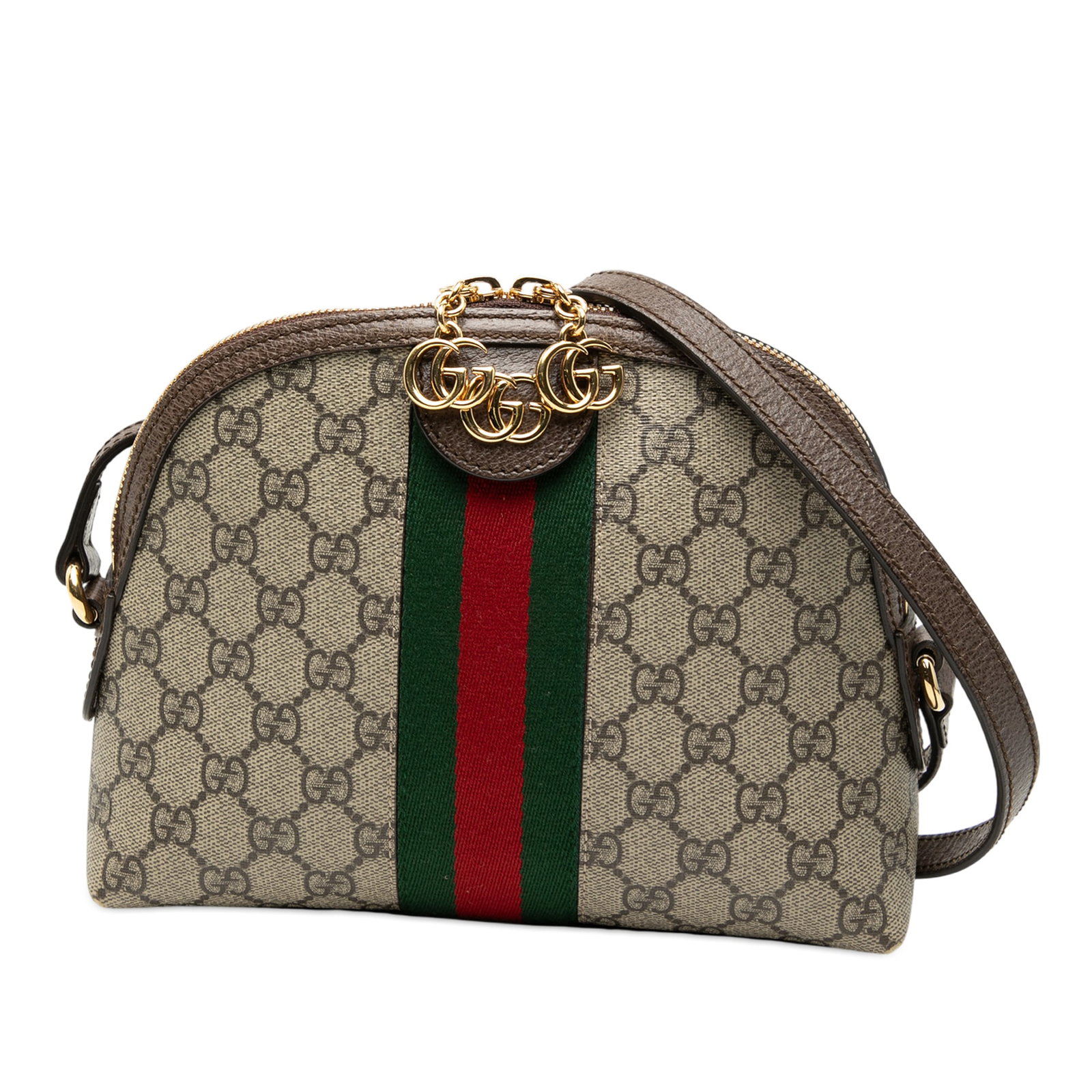 Gucci Ophidia Small GG Supreme Web Dome Beige Crossbody Bag: Gucci Ophidia Small GG Supreme Web Dome Beige Crossbody Bag This Gucci Small GG Supreme Web Ophidia Dome Crossbody features a coated canvas body with leather trim and the iconic front web detail. It i