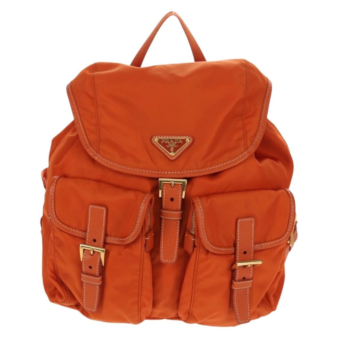Prada Vela Orange Nylon Backpack with Dual Front Pockets and Saffiano Leather: Prada Vela Orange Nylon Backpack with Dual Front Pockets and Saffiano Leather This Prada Vela backpack features a double front pocket design crafted from durable nylon with saffiano leather accents. D