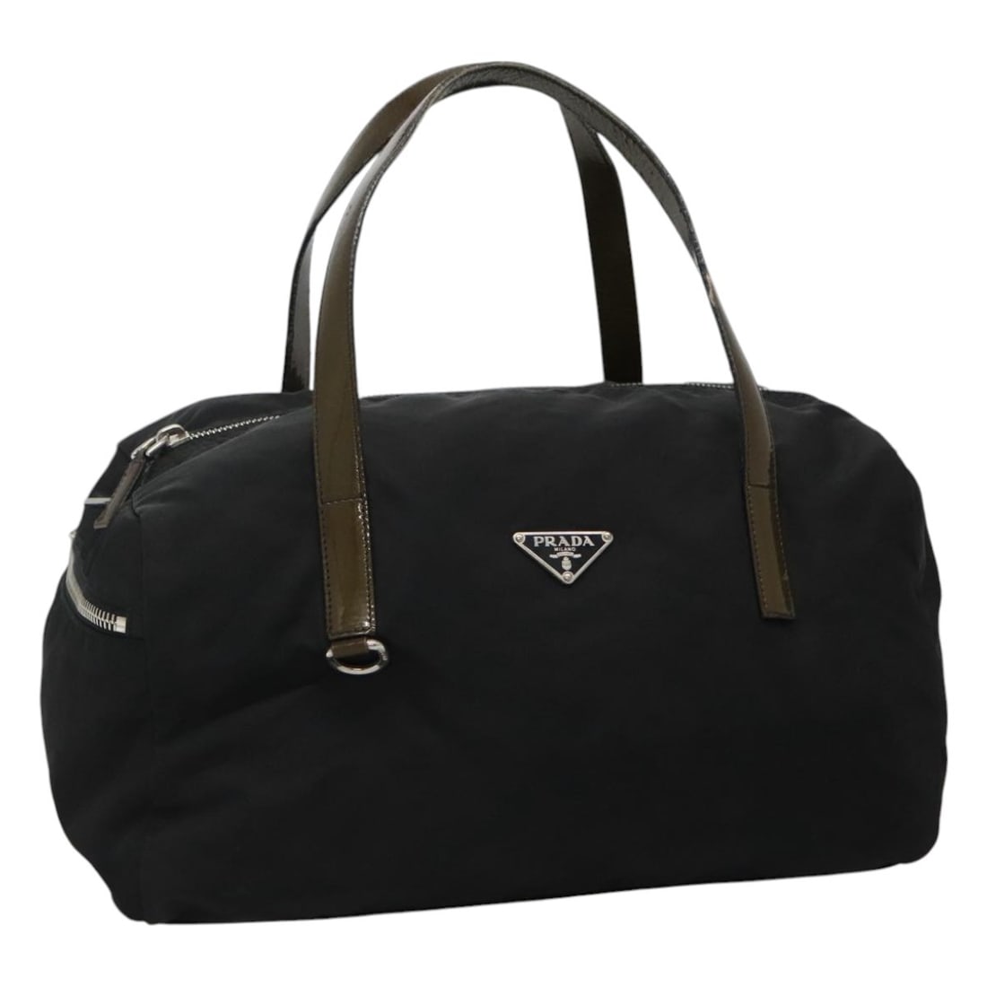 Prada Nylon Black Khaki Silver Women's Handbag Italy: Prada Nylon Black Khaki Silver Women's Handbag Italy This PRADA handbag is crafted from nylon in a combination of black, khaki, and silver tones. Designed for women, it features a structured silhouett
