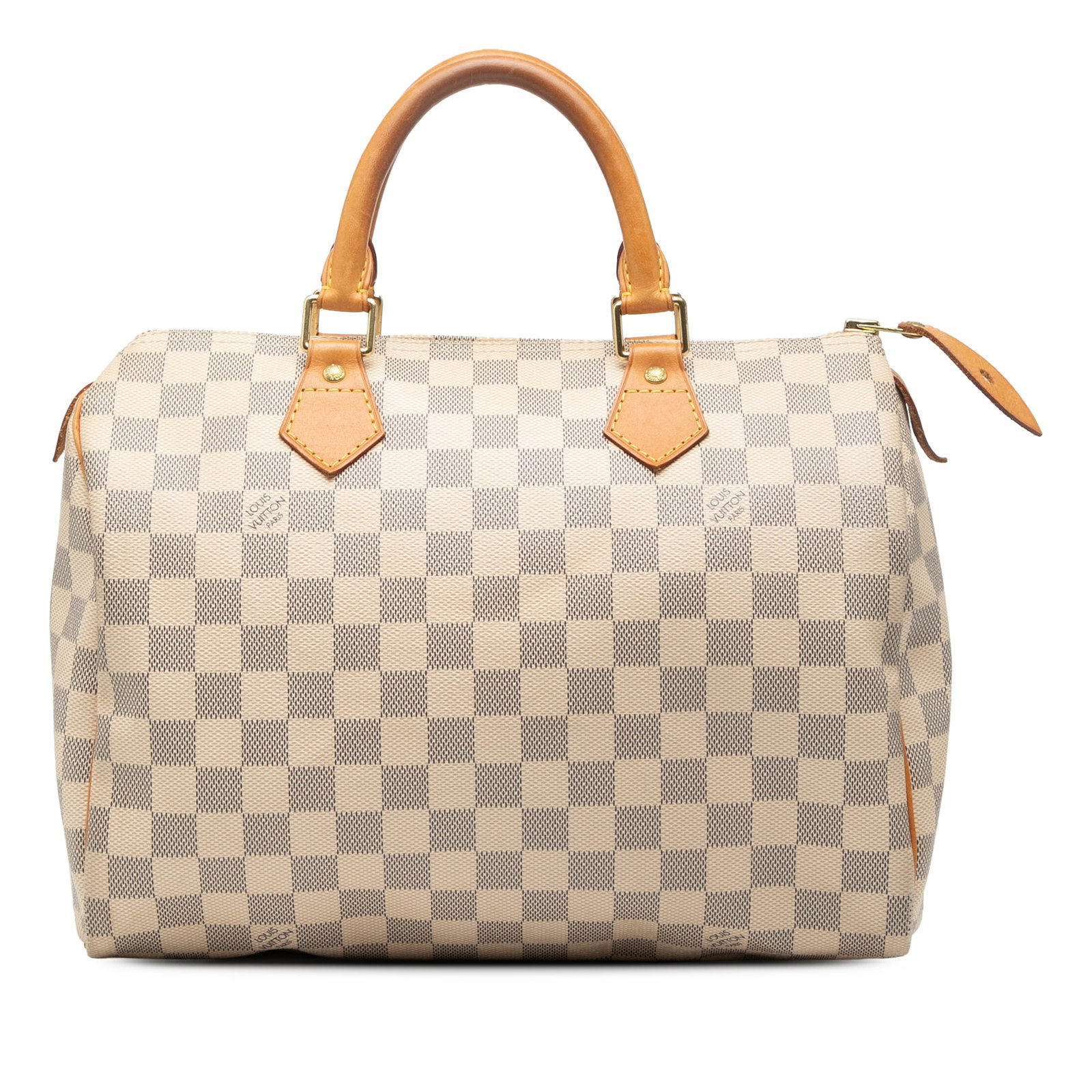 Damier Azur Speedy 30 Bag with Vachetta Leather Trim by Louis Vuitton: Damier Azur Speedy 30 Bag with Vachetta Leather Trim by Louis Vuitton This Louis Vuitton Speedy 30 features the iconic Damier Azur canvas with vachetta leather trim and rolled vachetta leather handles