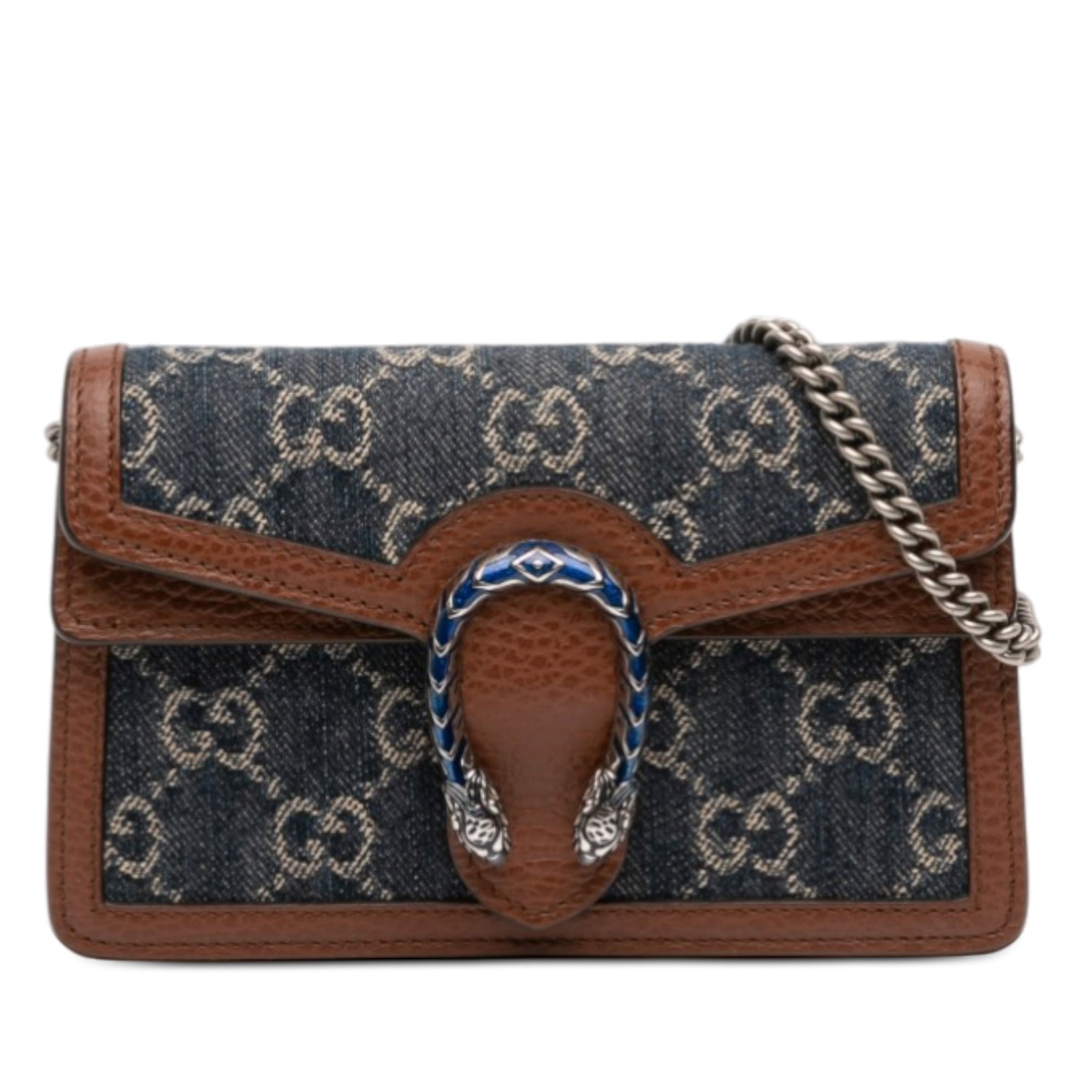 Gucci Dionysus Mini GG Denim Crossbody Bag with Leather Trim: Gucci Dionysus Mini GG Denim Crossbody Bag with Leather Trim This Gucci Mini GG Denim Dionysus Crossbody bag showcases a denim body with leather trim, complemented by a removable chain link shoulder s