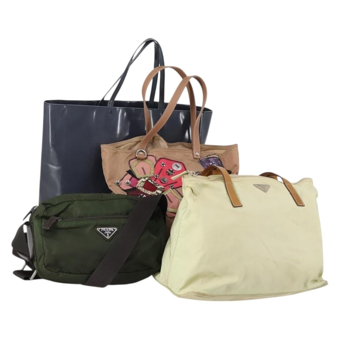 Prada Nylon Shoulder Bag in Pink Beige Navy with Guarantee Card: Prada Nylon Shoulder Bag in Pink Beige Navy with Guarantee Card This PRADA shoulder bag set features four pieces crafted from nylon in a combination of pink, beige, and navy colors. Designed for women