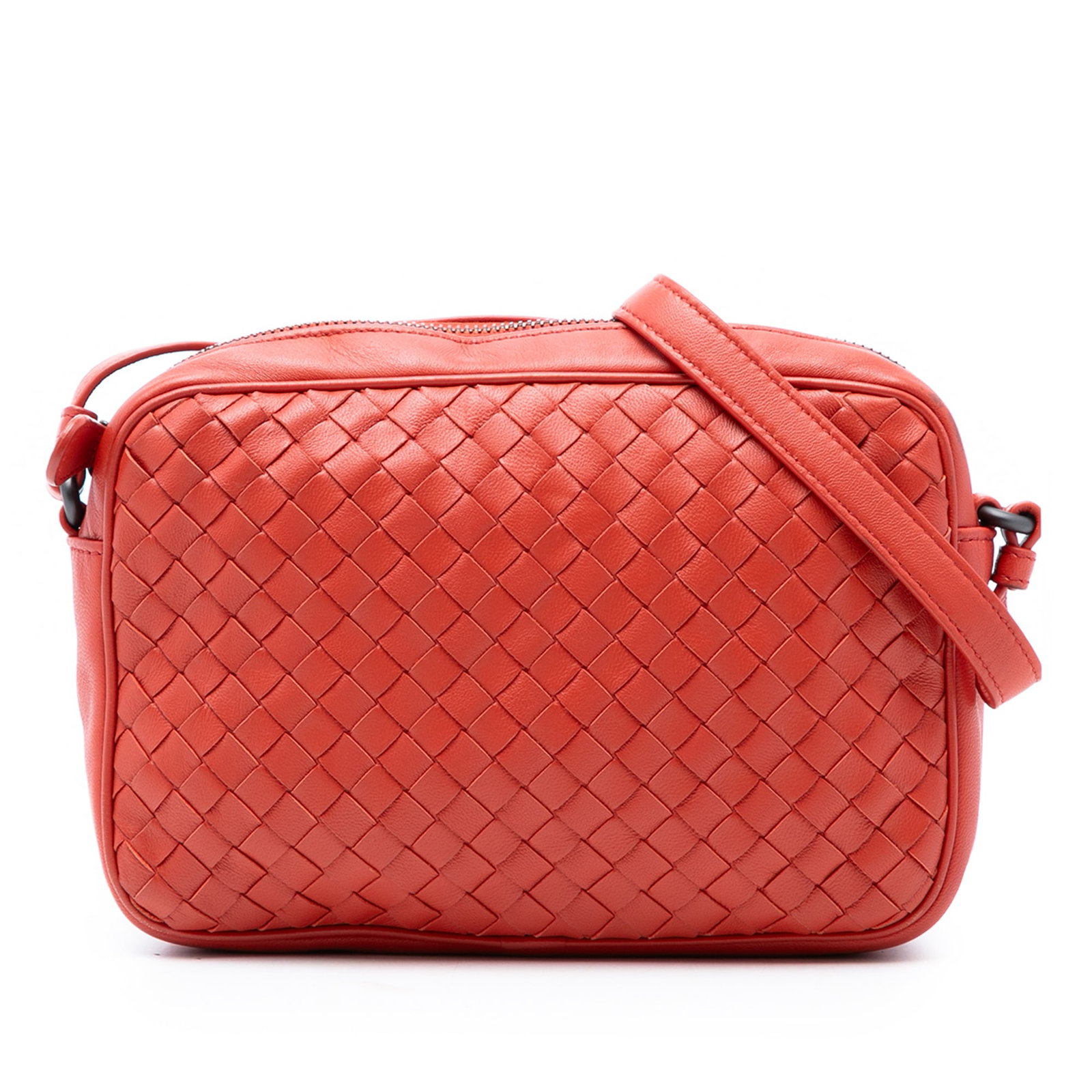 Bottega Veneta Nodini Orange Leather Woven Crossbody Camera Bag: Bottega Veneta Nodini Orange Leather Woven Crossbody Camera Bag This Bottega Veneta Small Nappa Intrecciato Camera Bag features the signature woven leather exterior, a flat leather strap, a top zip cl