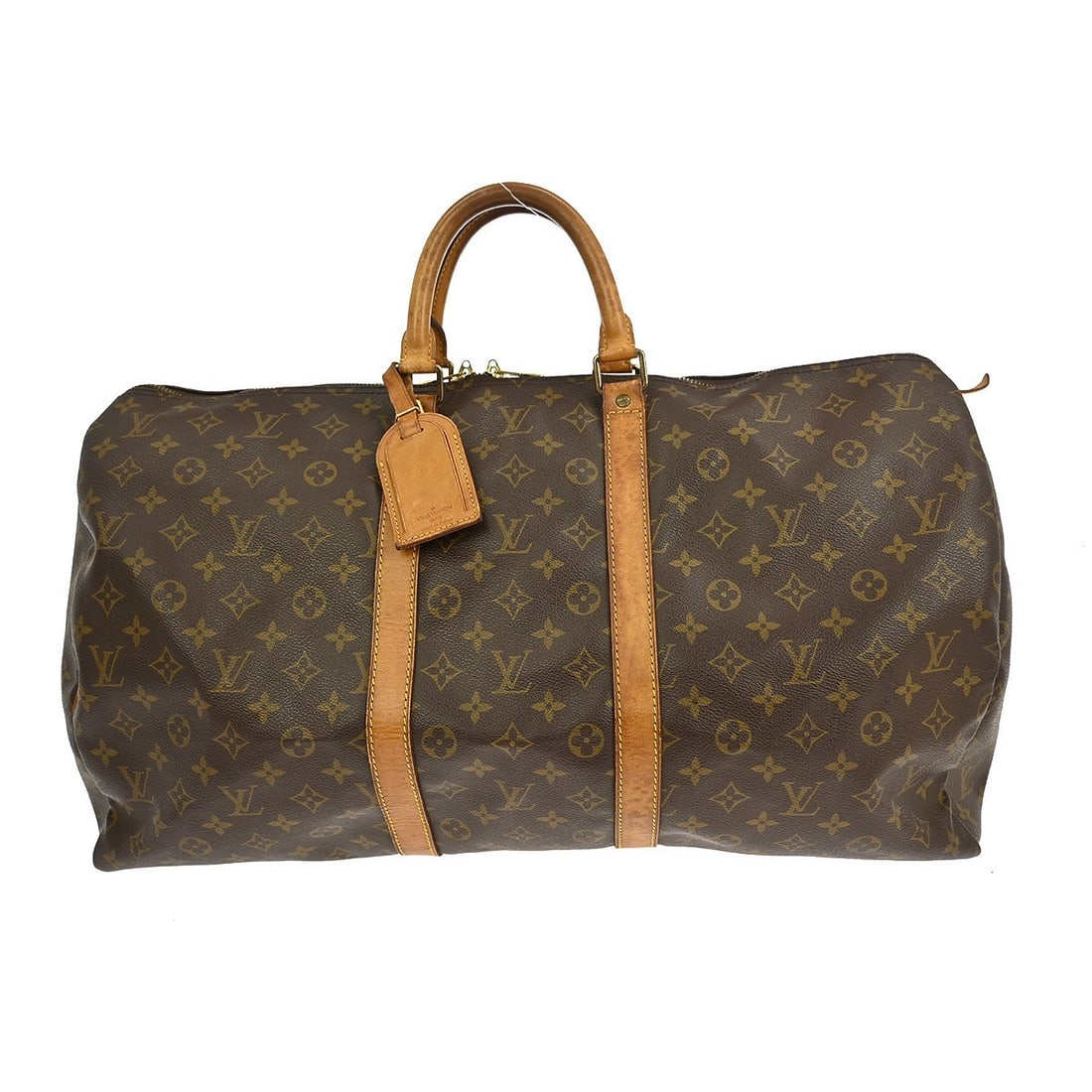 Louis Vuitton Keepall 55 Monogram Canvas Extra Large Travel Duffle Bag: Louis Vuitton Keepall 55 Monogram Canvas Extra Large Travel Duffle Bag This Louis Vuitton Keepall 55 travel handbag features the iconic Monogram canvas with leather trim and double beige handles. Desi