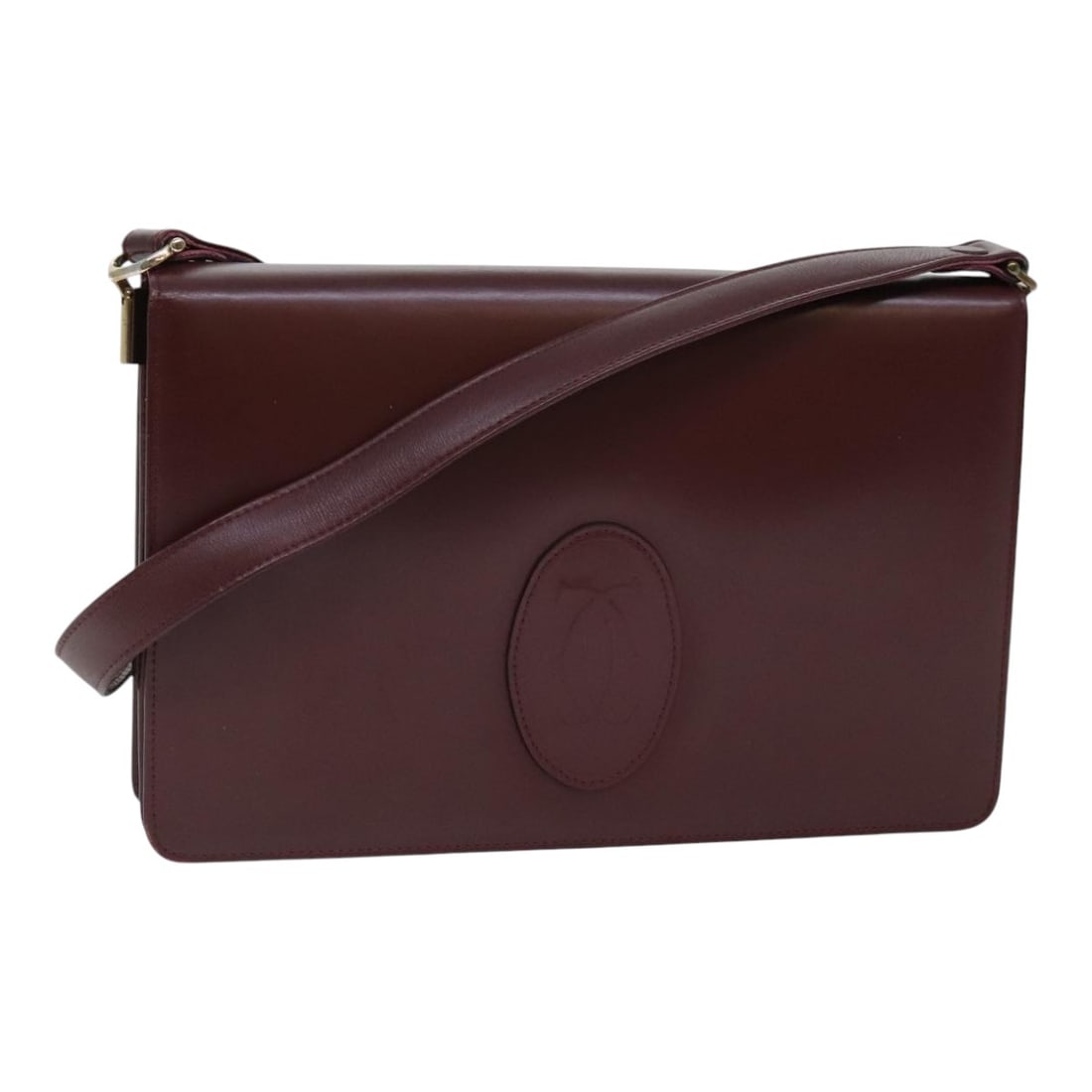 Cartier Leather Shoulder Bag in Wine Red with Gold Details: Cartier Leather Shoulder Bag in Wine Red with Gold Details This Cartier shoulder bag is crafted from wine red leather, featuring gold-tone accents. Designed for women, it includes a shoulder strap wit