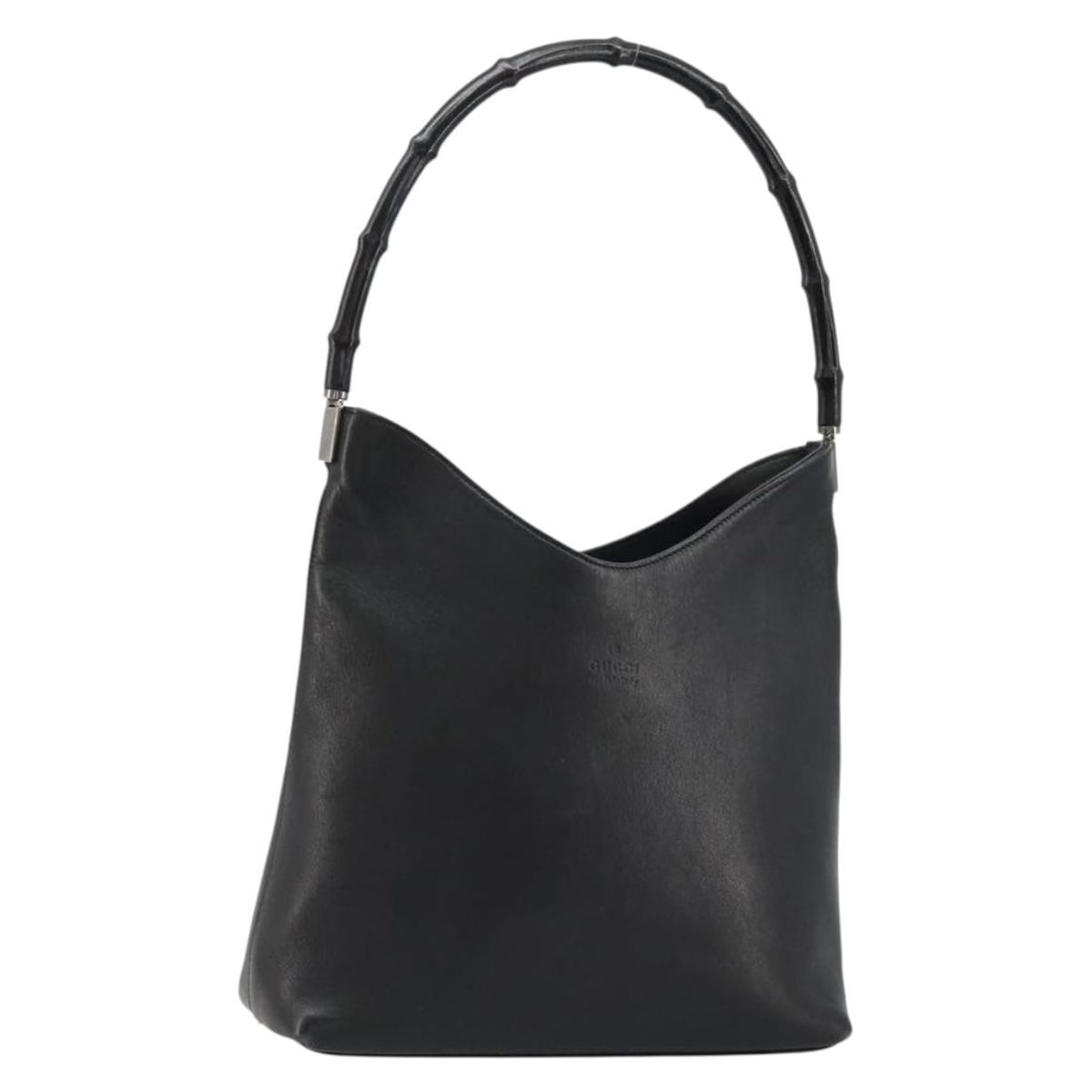 Gucci Bamboo leather shoulder bag black silver 001 3244: Gucci Bamboo leather shoulder bag black silver 001 3244 This GUCCI Bamboo Shoulder Bag is crafted from black leather with silver-tone accents and features the iconic bamboo handle. Designed for women,