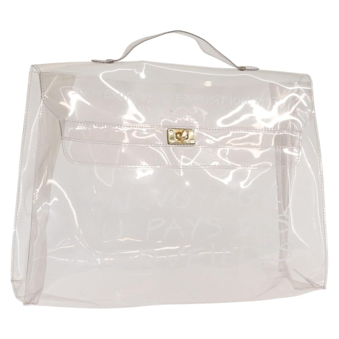 HERMES Clear Vinyl Kelly Hand Bag Authentic French Design: HERMES Clear Vinyl Kelly Hand Bag Authentic French Design Introducing the HERMES Vinyl Kelly Hand Bag, a stylish accessory that combines luxury and practicality. This bag is crafted from clear vinyl, 
