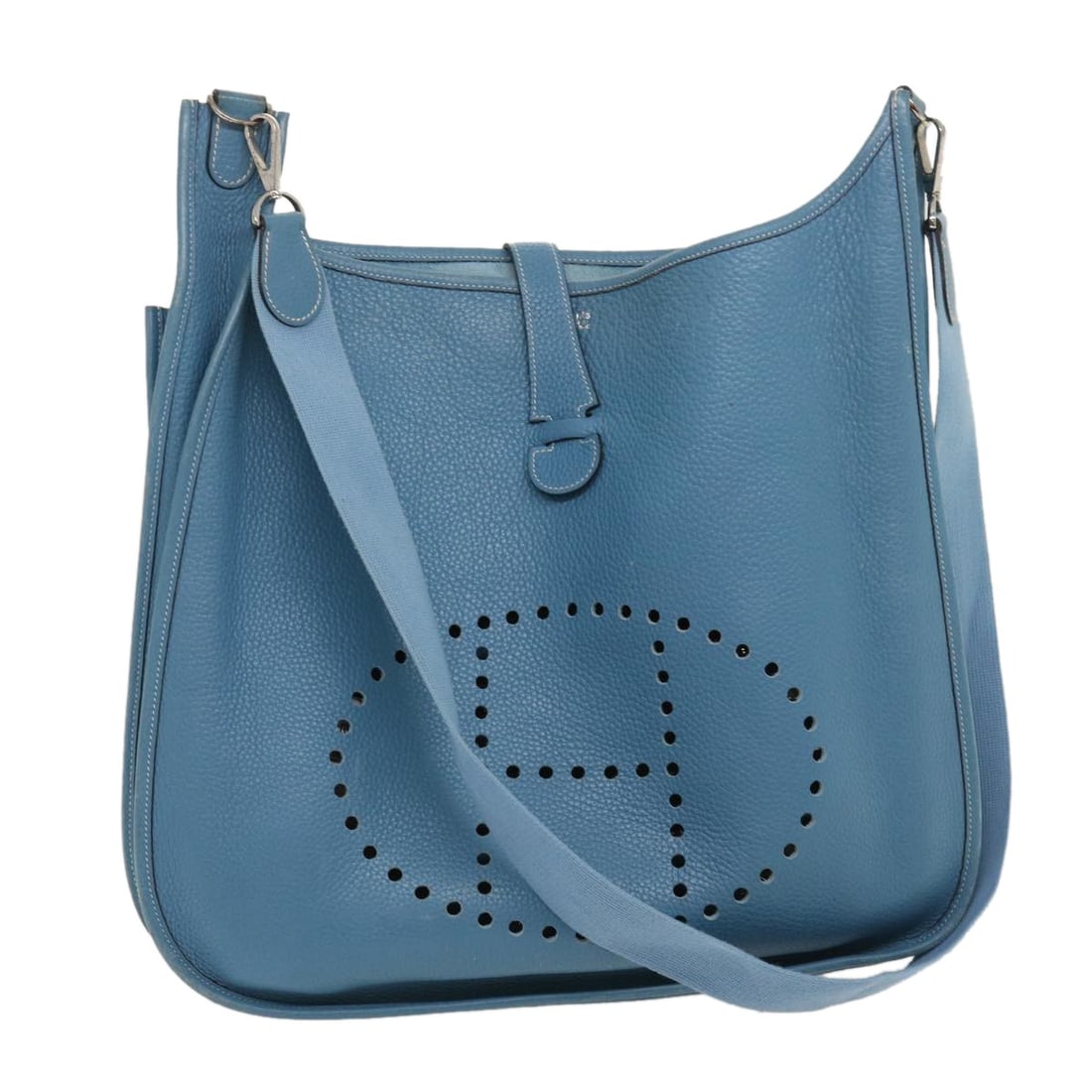 Blue Leather Evelyn TGM Shoulder Bag with Dust Bag by Hermes: Blue Leather Evelyn TGM Shoulder Bag with Dust Bag by Hermes This Hermes Evelyn TGM shoulder bag features a blue leather exterior and is crafted in France. The bag shows reasonable wear and tear, incl
