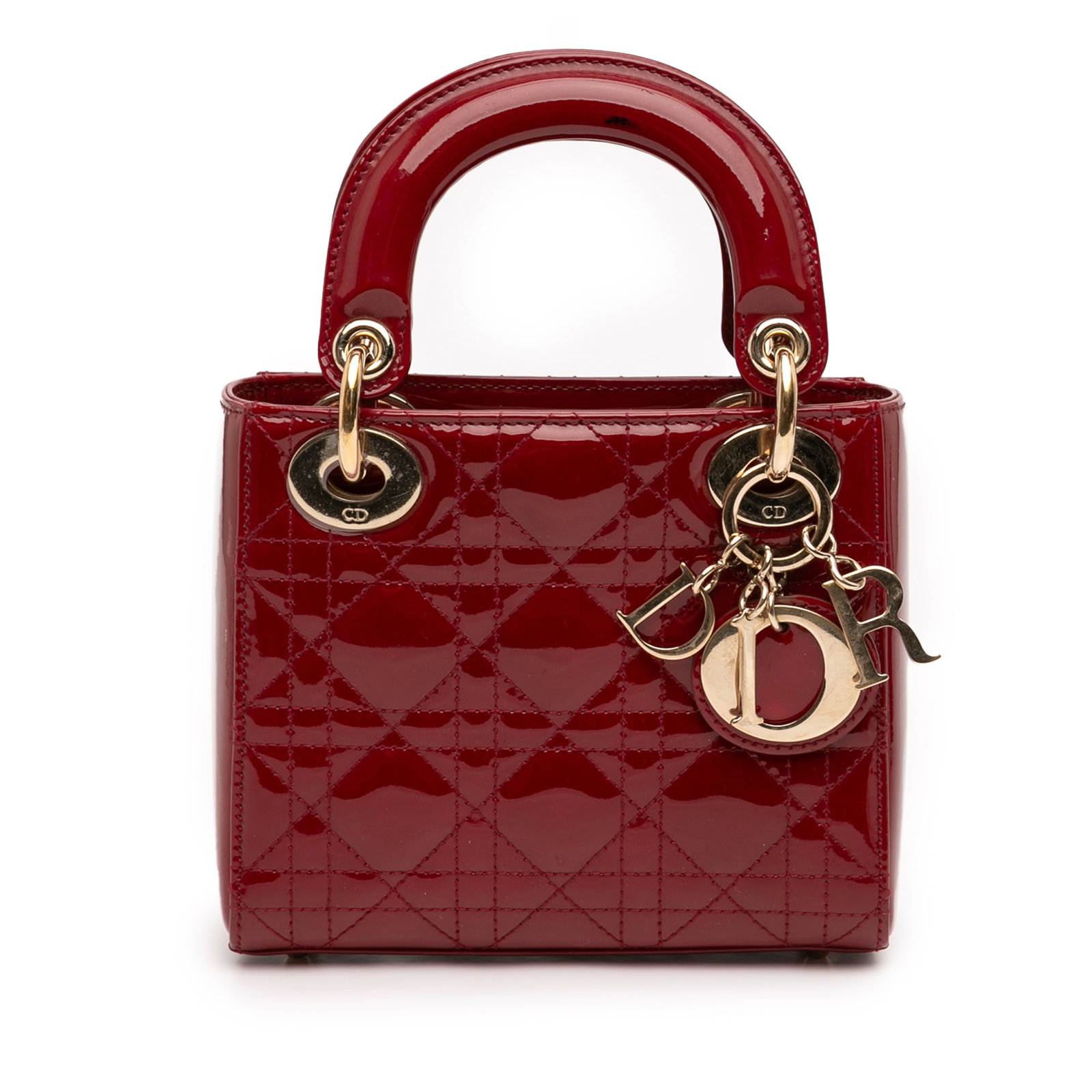 Red Dior Lady Dior Mini Quilted Patent Leather Bag with Strap: Red Dior Lady Dior Mini Quilted Patent Leather Bag with Strap This Mini Patent Cannage Lady Dior bag showcases a quilted patent leather design in red with flat leather top handles and a detachable fla
