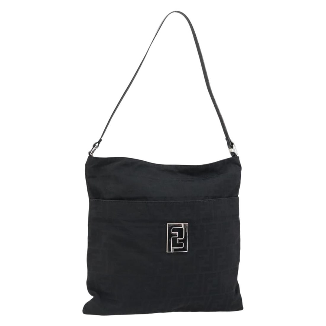 Silver and Black Zucca Canvas Fendi Shoulder Bag from Italy: Silver and Black Zucca Canvas Fendi Shoulder Bag from Italy This FENDI Zucca canvas shoulder bag features a signature silver and black design. Crafted in Italy, the bag offers a spacious interior and 