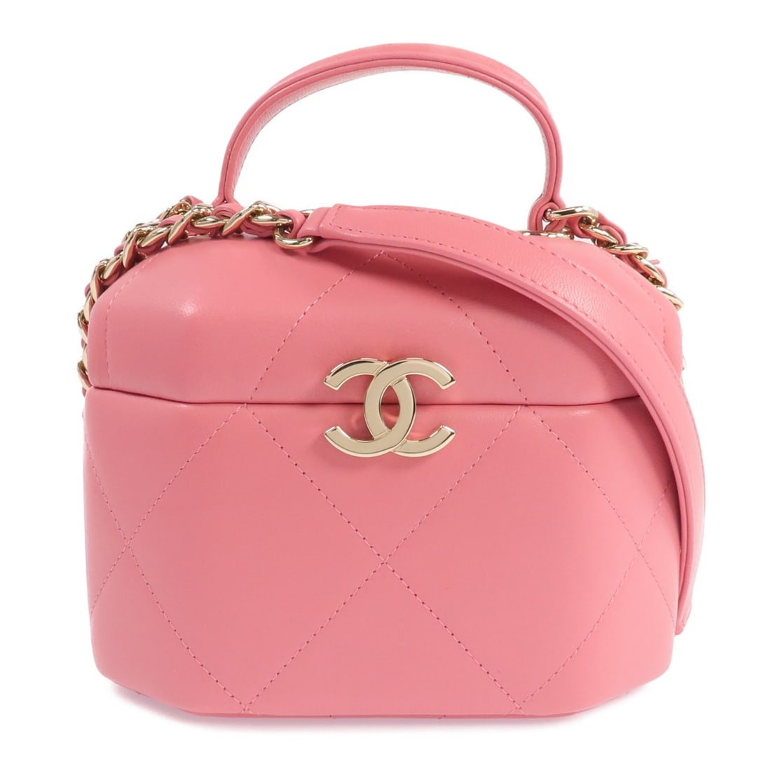 Pink Lambskin Leather Shoulder Bag by CHANEL CC with Gold Tone Chain: Pink Lambskin Leather Shoulder Bag by CHANEL CC with Gold Tone Chain This Chanel CC chain shoulder bag is crafted from luxurious pink lambskin leather and features the iconic CC detail. The bag has a 