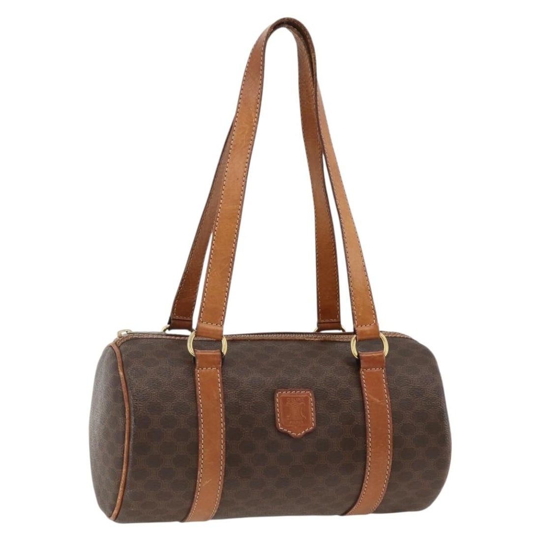 Celine Macadam Brown PVC and Leather Handbag Gold Accents Italy: Celine Macadam Brown PVC and Leather Handbag Gold Accents Italy This CELINE Macadam canvas hand bag features a classic brown and gold design with PVC leather and signature Macadam canvas. Designed for