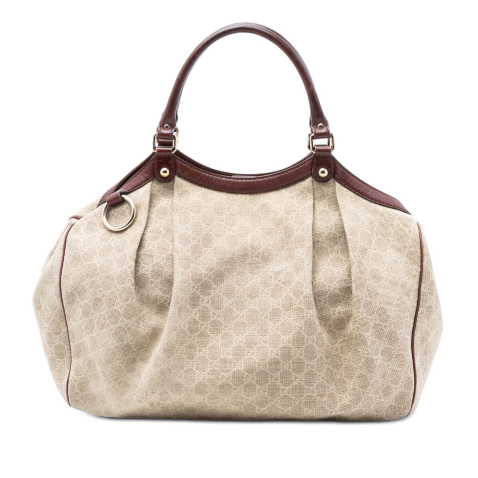 Gucci Sukey Tote Bag in Large GG Canvas with Leather Trim: Gucci Sukey Tote Bag in Large GG Canvas with Leather Trim This Gucci Large GG Canvas Sukey Tote features a canvas body with leather trim, rolled leather handles, an open top secured by a magnetic clos
