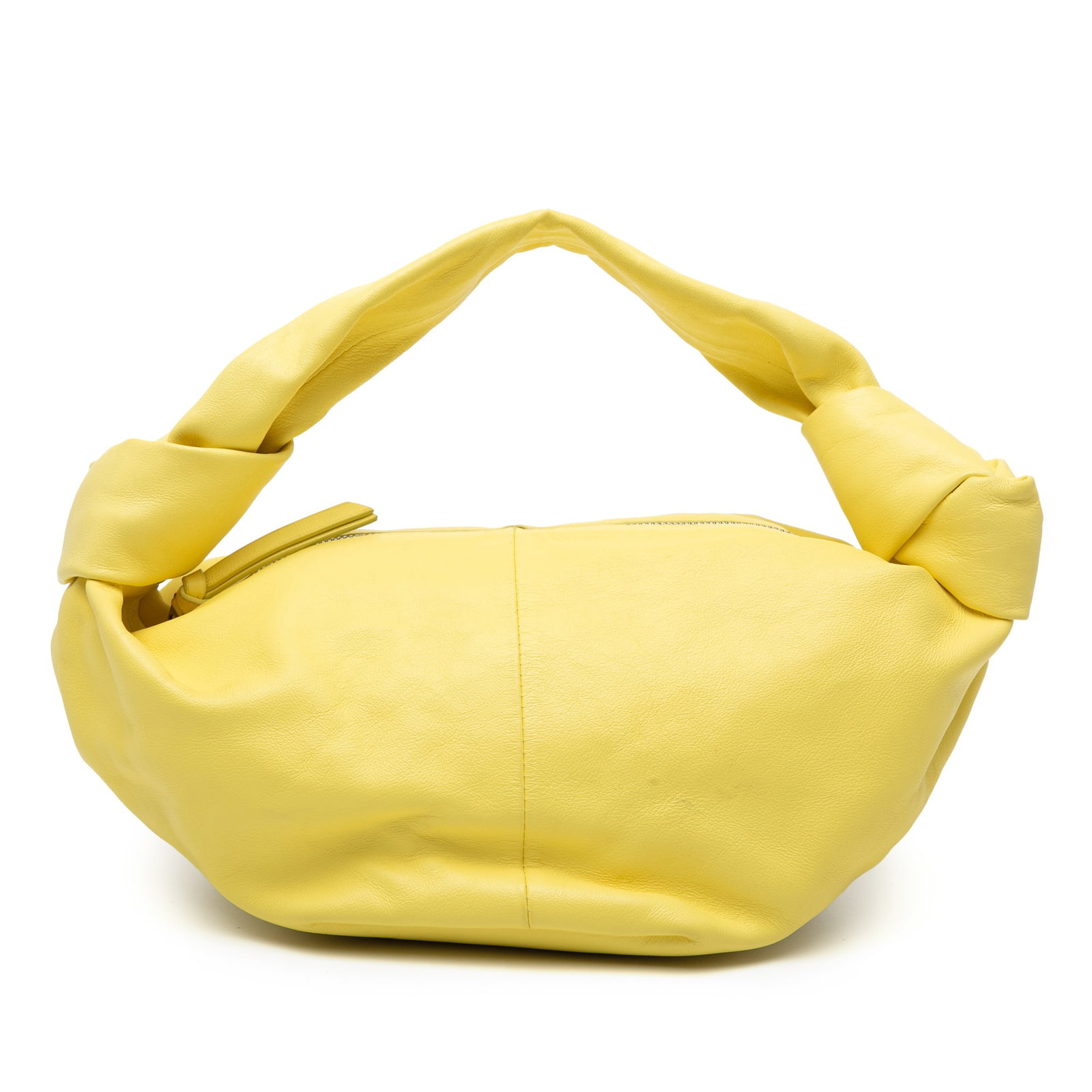 Yellow Bottega Veneta Leather Double Knot Handbag with Top Zip: Yellow Bottega Veneta Leather Double Knot Handbag with Top Zip This Bottega Veneta Double Knot bag is crafted from yellow leather and features a flat leather handle and a top zip closure. The bag disp