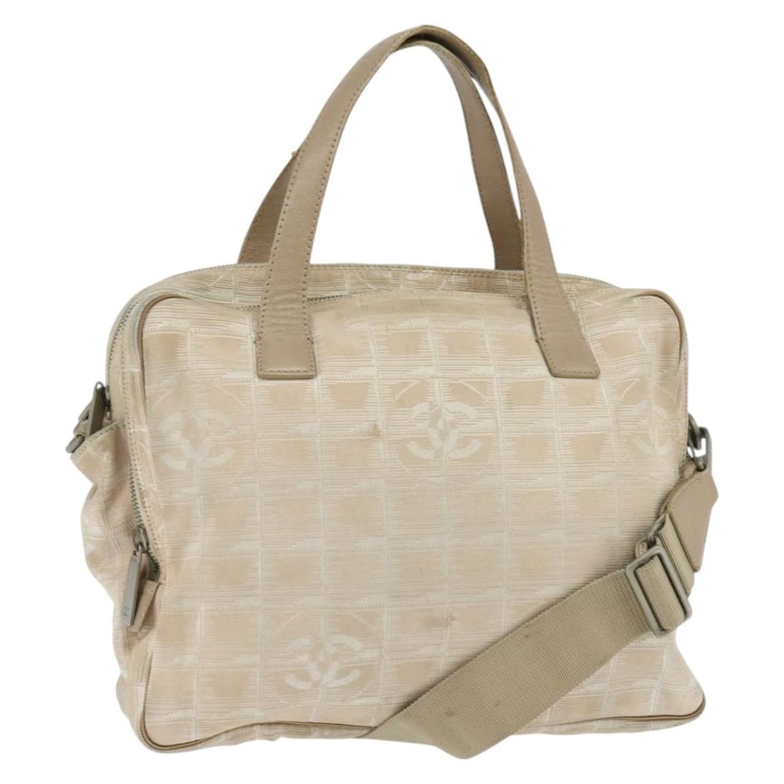 CHANEL Beige Silver Nylon Travel Hand Bag 2way Auth BA7143: CHANEL Beige Silver Nylon Travel Hand Bag 2way Auth BA7143 This CHANEL New Travel Line Hand Bag is a stylish and practical accessory, crafted from durable nylon in a chic beige and silver color combin
