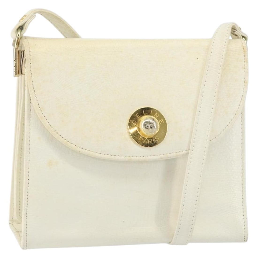 Celine Leather White and Gold Shoulder Bag Medium Size Italy: Celine Leather White and Gold Shoulder Bag Medium Size Italy This is a CELINE shoulder bag crafted from white leather with gold accents. The bag features a structured silhouette with a top flap, adjus