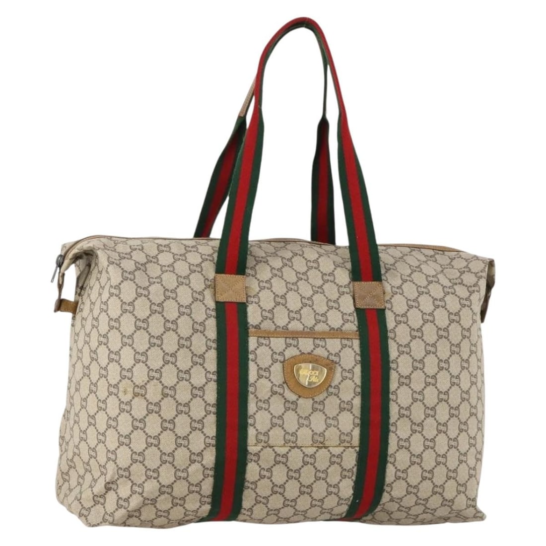 Beige GG Supreme Boston Bag by Gucci PVC Sherry Line: Beige GG Supreme Boston Bag by Gucci PVC Sherry Line This is a Gucci GG Plus Supreme Web Sherry Line Boston bag crafted from beige PVC leather and GG canvas. Designed for women, this bag features dual