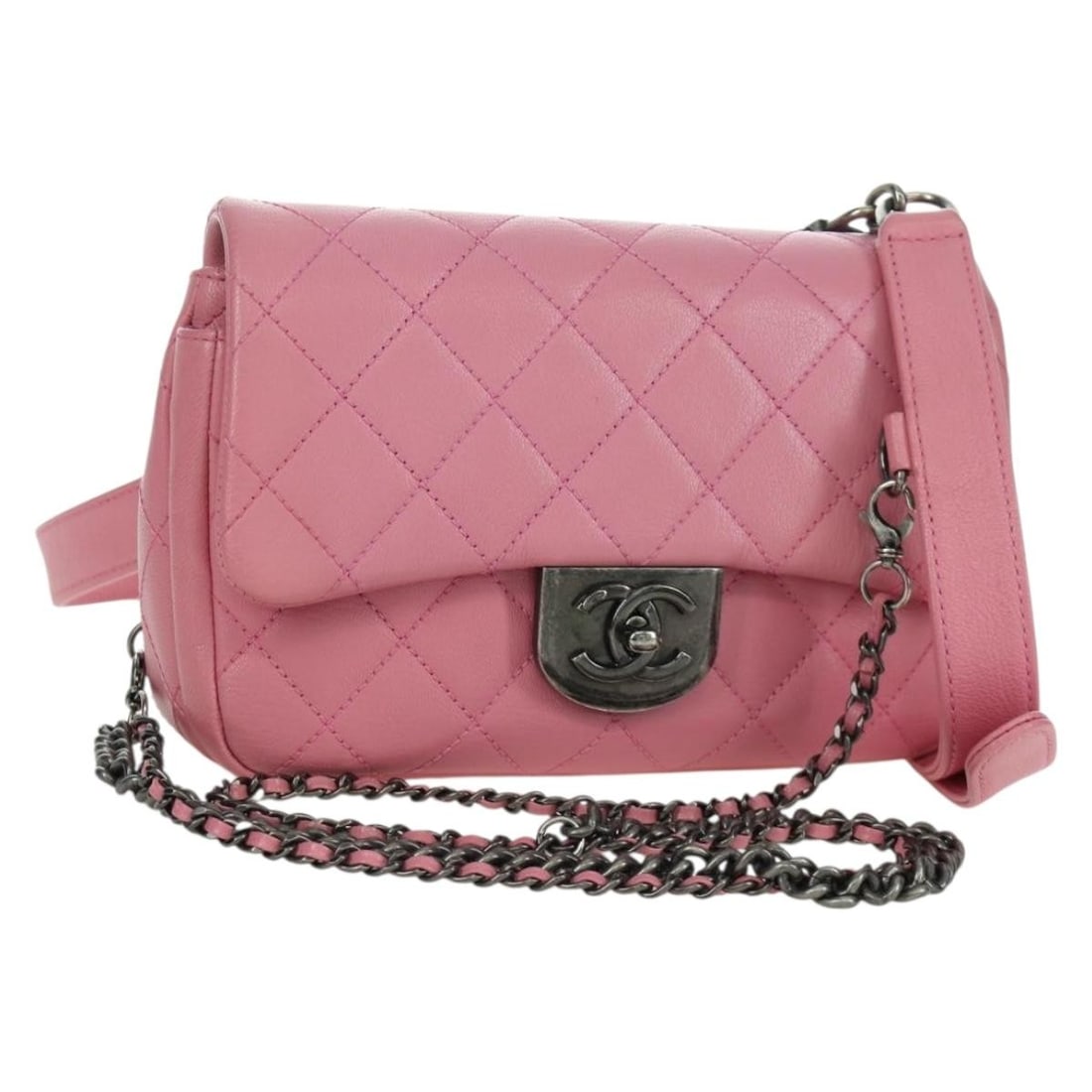Chanel Pink Matelasse 22 Leather Shoulder Bag with Silver Chain and Dust Bag: Chanel Pink Matelasse 22 Leather Shoulder Bag with Silver Chain and Dust Bag This CHANEL Matelasse 22 chain shoulder bag features a pink leather exterior accented with silver-tone details and a silver