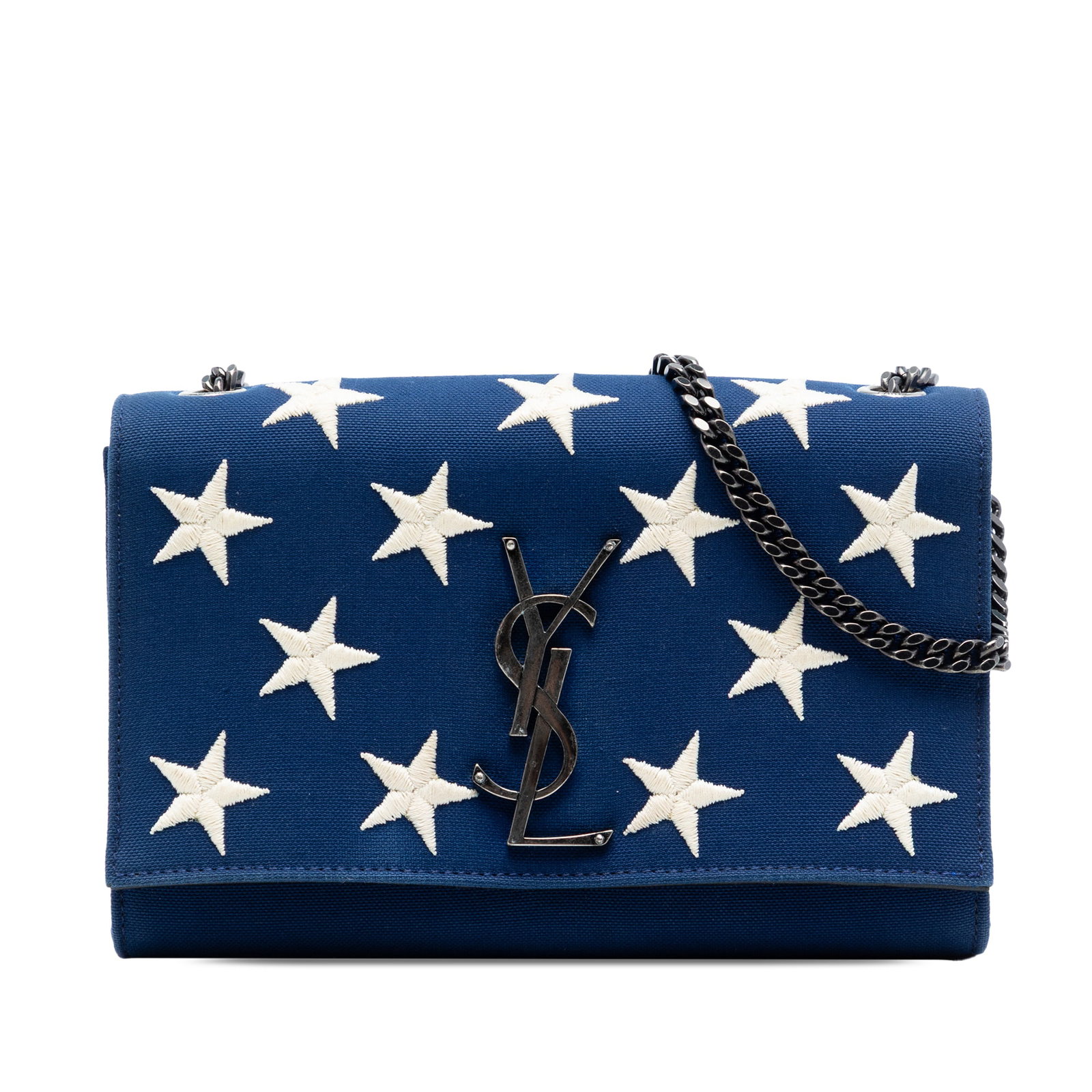 Saint Laurent Kate Crossbody Bag with Star Embroidered Canvas and Chain Strap: Saint Laurent Kate Crossbody Bag with Star Embroidered Canvas and Chain Strap This Saint Laurent Small Star Embroidered Canvas Monogram Kate Crossbody features an embroidered canvas exterior with star