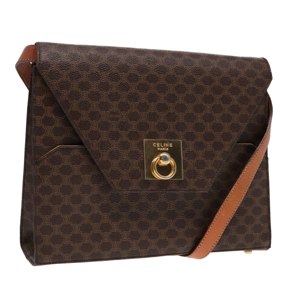 Celine Macadam Brown PVC Leather Shoulder Purse Gold Accents: Celine Macadam Brown PVC Leather Shoulder Purse Gold Accents This CELINE Macadam shoulder bag features a classic brown and gold color scheme crafted from PVC leather and Macadam canvas. Designed for w