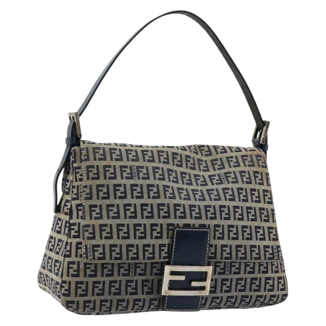 Fendi Mamma Baguette Navy Silver Zucchino Canvas Shoulder Bag (1 of 18)
