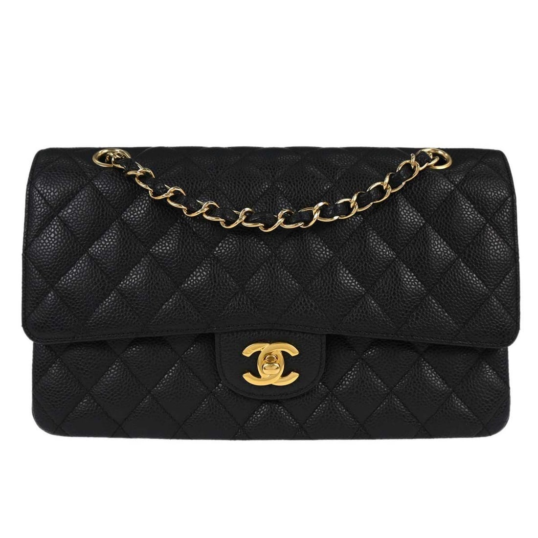 CHANEL Classic Flap Black Calfskin Medium Shoulder Bag: CHANEL Classic Flap Black Calfskin Medium Shoulder Bag This Chanel Classic Double Flap shoulder bag is crafted from black calfskin leather and features a medium-sized silhouette. It is designed with a